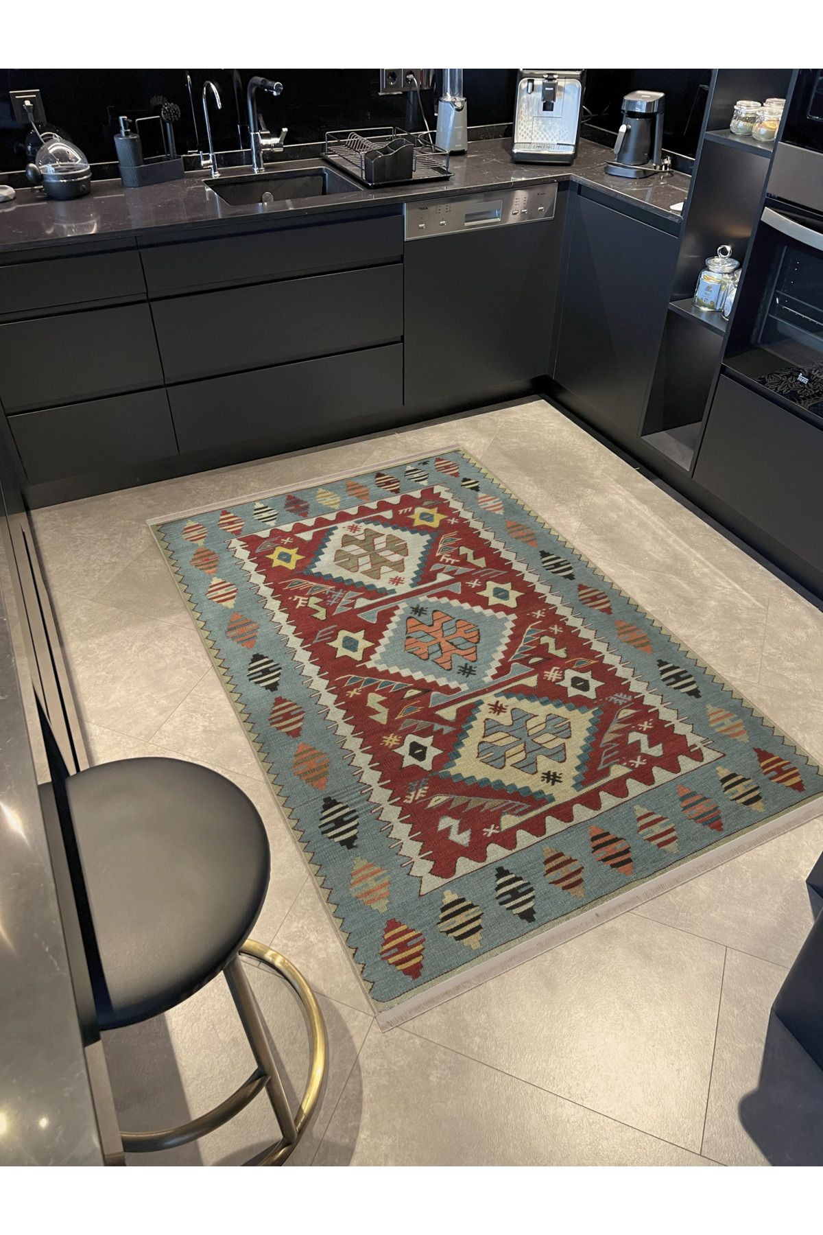 Gri Bordo Temalı Geleneksel Motif Etnik Desenli Kreatif Vintage Dekoratif Halı 2790