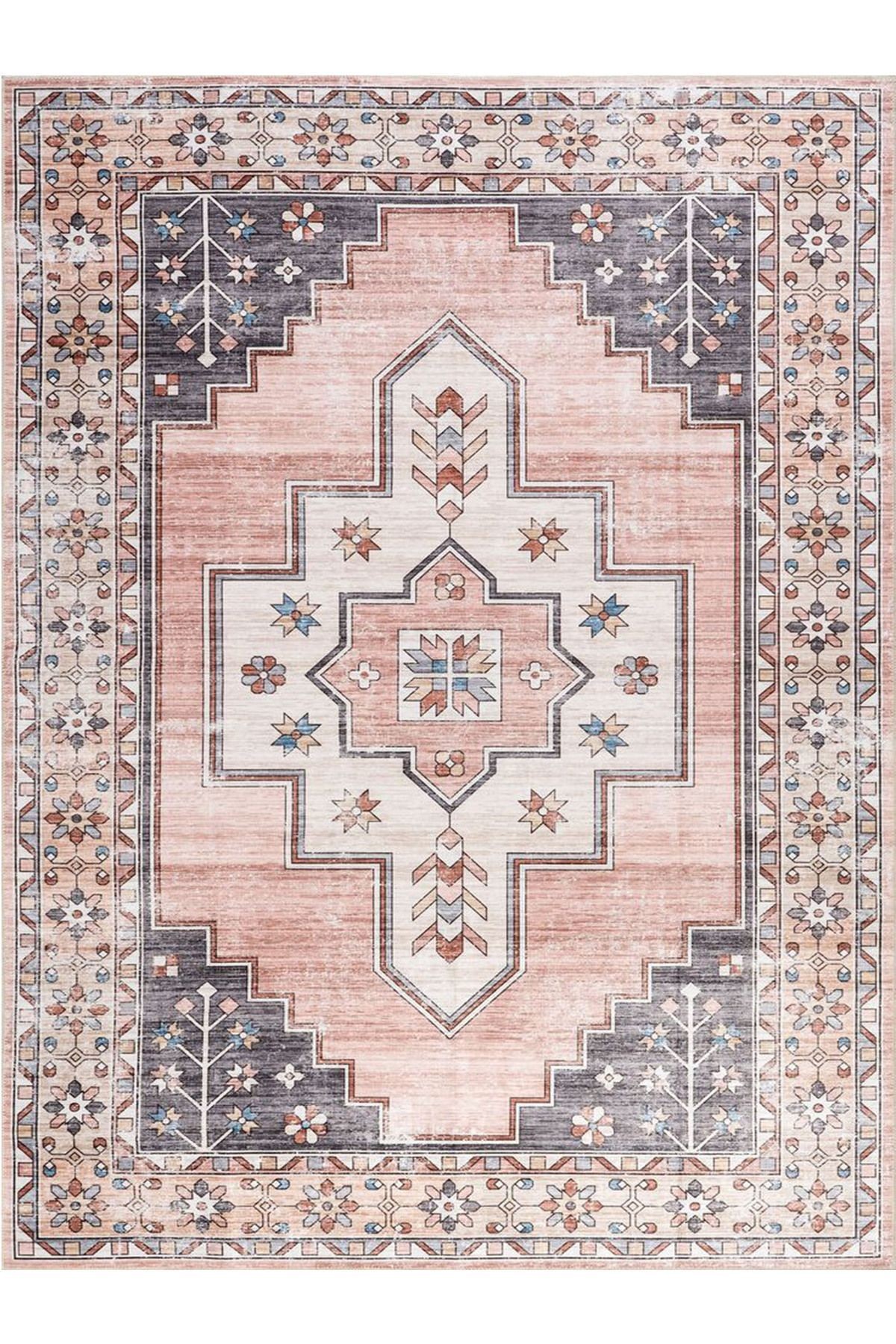İnci Koleksiyonu Gri Pembe Etnik Desenli Dokuma Taban Modern Dekoratif Halı inci47