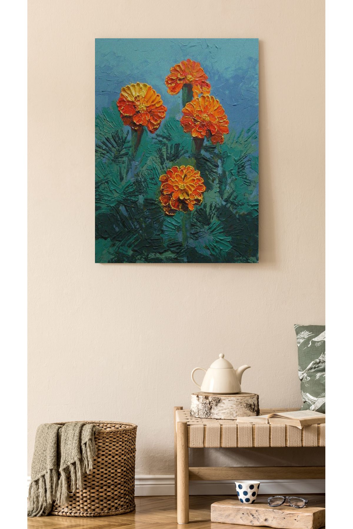 Kanvas Tablo Turuncu Çiçek Temalı Desenli Modern Tablo