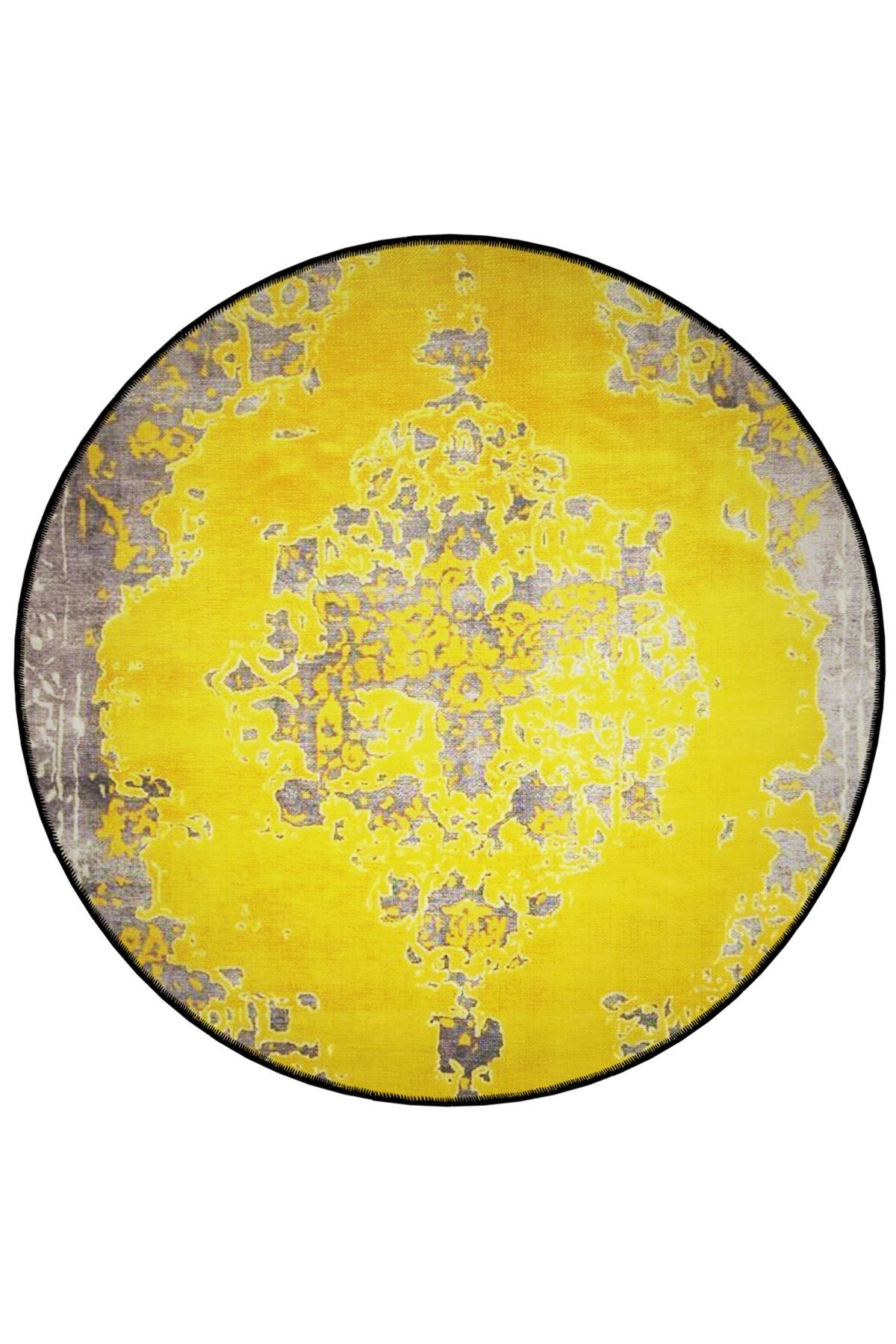 Sarı Temalı Geleneksel Motif Desenli Yuvarlak Dokuma Taban Vintage Dekoratif Halı 6170