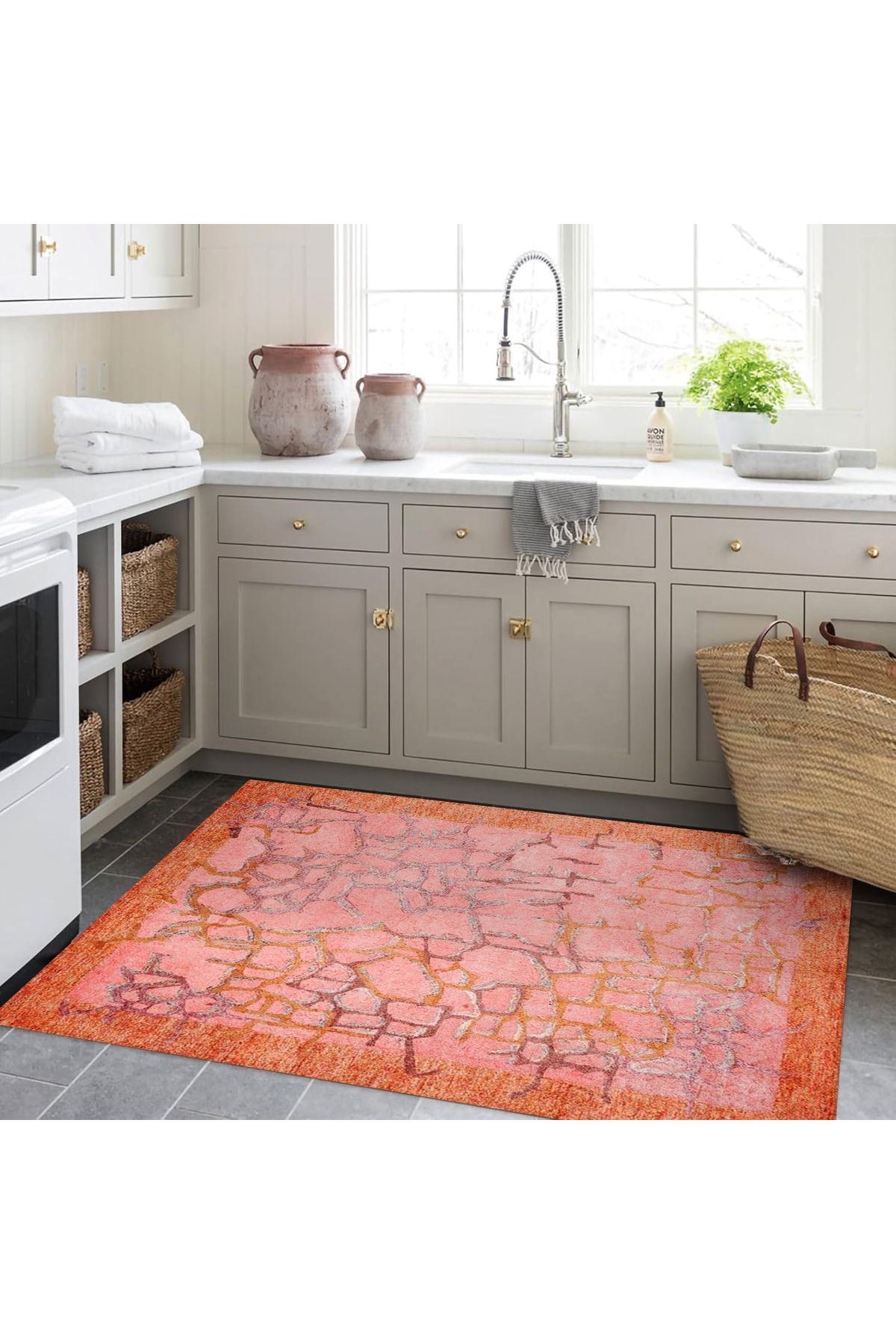 Aysu Koleksiyonu Turuncu Pembe Soyut Desenli Dokuma Taban Modern Dekoratif Halı aysu37