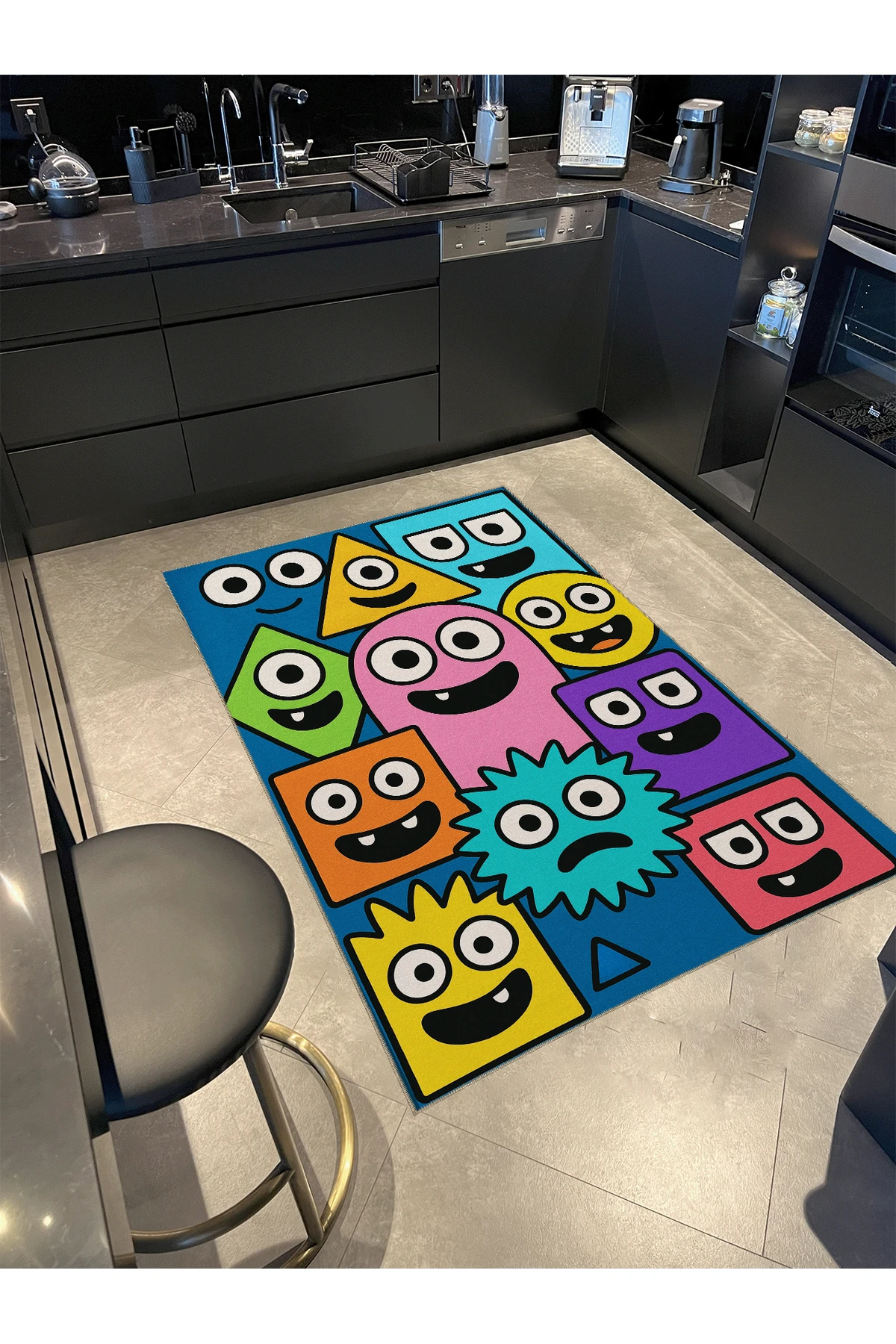 MOSSO Çok Renkli Soyut Çizgi Karakter Figürleri Desen Dokuma Taban Dekoratif Halı mosso312