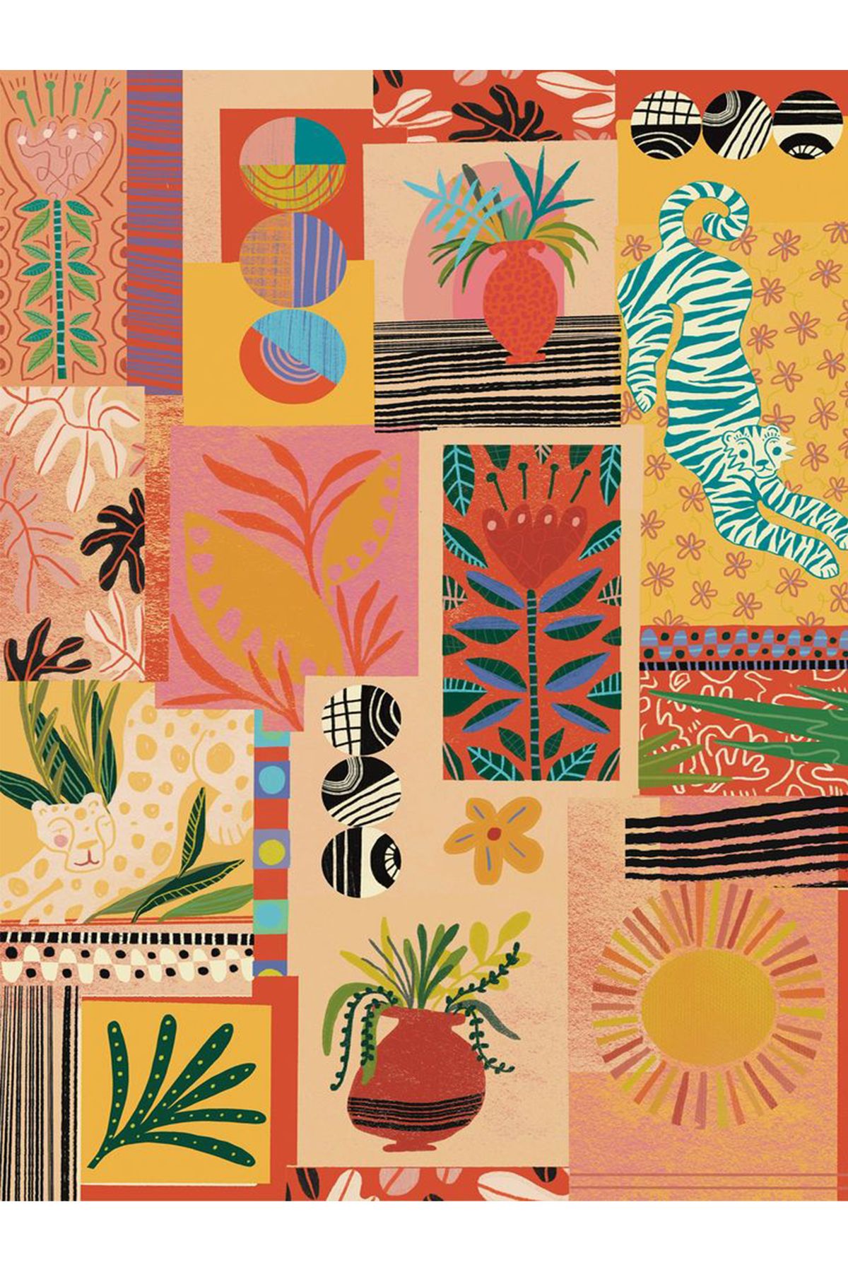 Özge Koleksiyonu Çok Renkli Kaplan Vazo Çiçek Desenli Dokuma Taban Modern Dekoratif Halı özge36