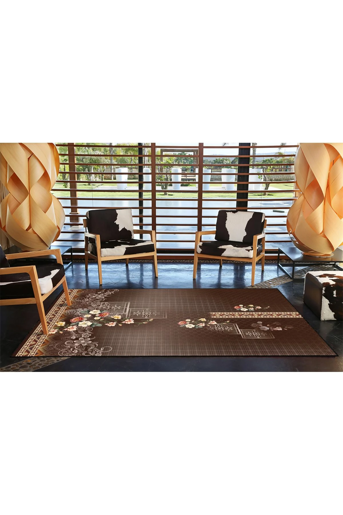 Modern Kahverenginde Etnik Desenli Dokuma Taban ve Dekoratif Yıkanabilir Halı miravip8611