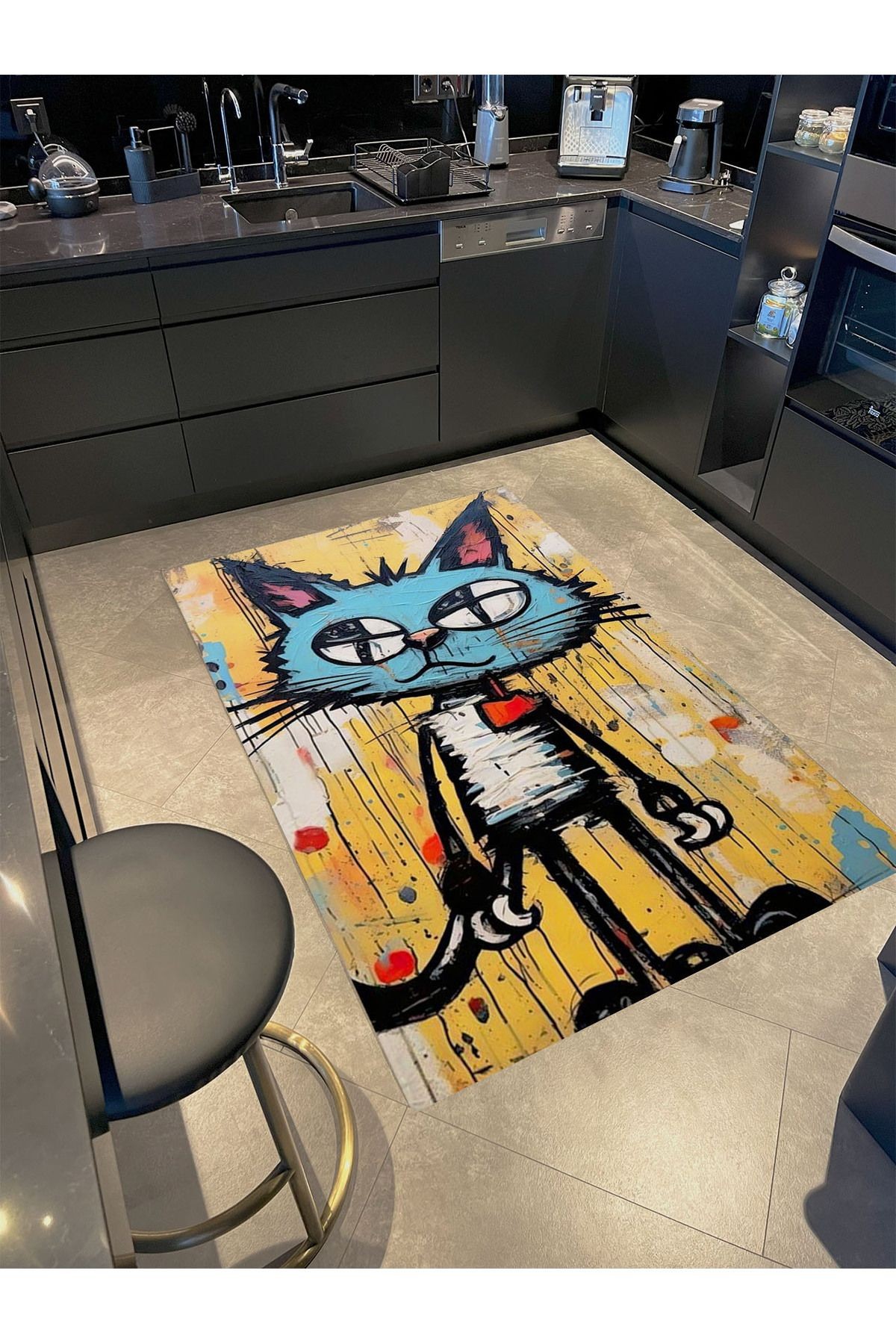 Schwan Koleksiyonu Sarı Tema Karizmatik Kedi Karikatürü Desen Dokuma Taban Modern Dekoratif Halı 12