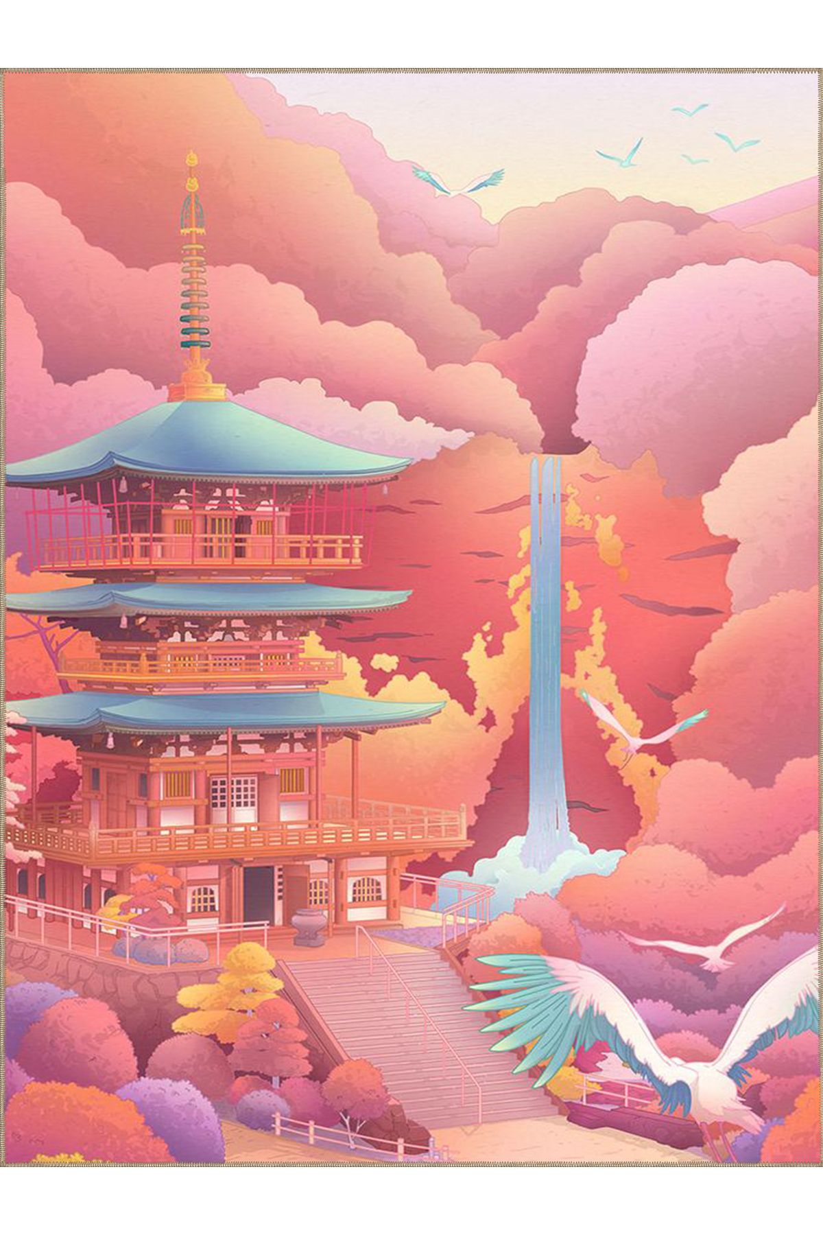 Buse Koleksiyonu Çok Renkli Japon Pagoda Desenli Dokuma Taban Modern Dekoratif Halı buse30