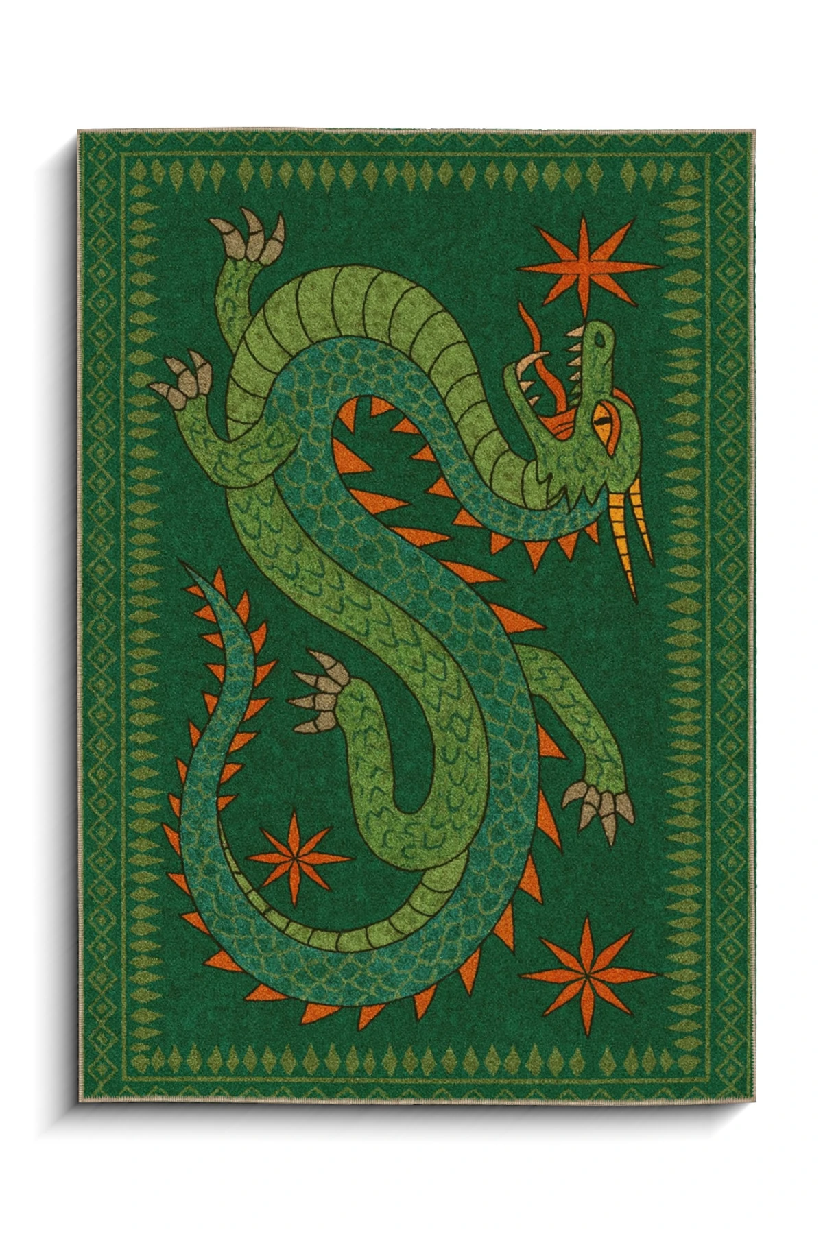 MOSSO Yeşil Temalı Ejderha Figürlü Desenli Dokuma Taban Modern Dekoratif Halı mosso334