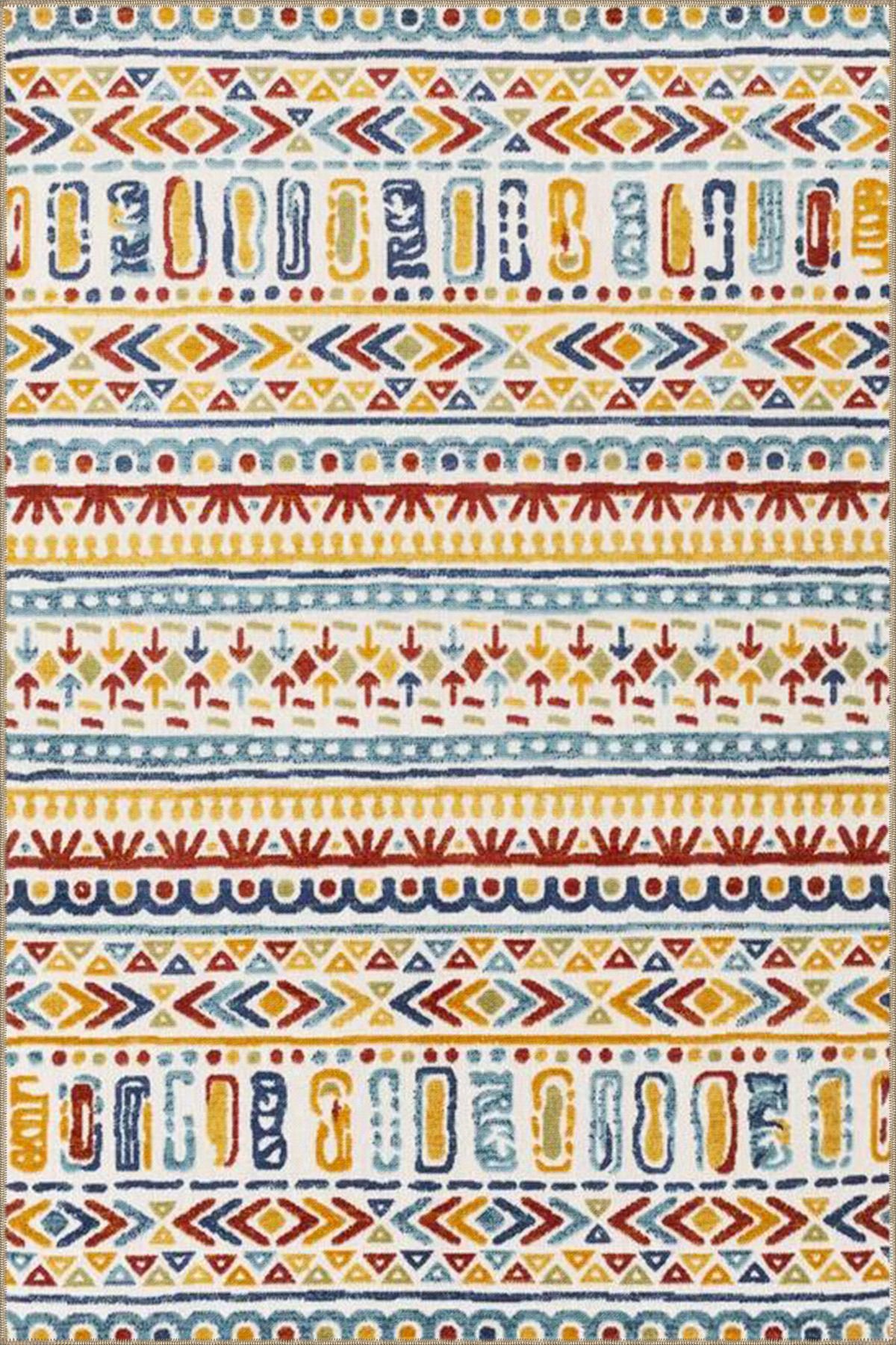 Üçgenli Kırmızı Kremli Geometrik Çizgili Desenli Dekoratif Yıkanabilir Halı miravip8411