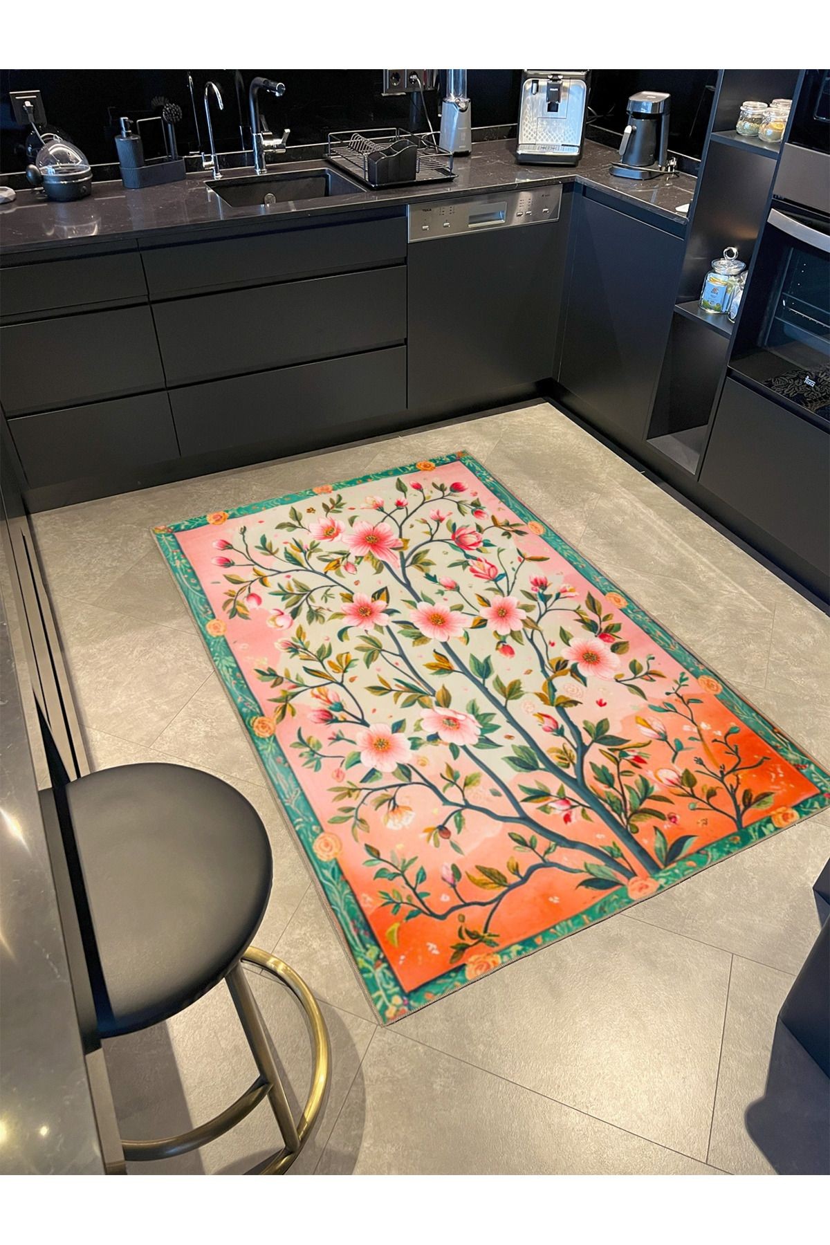 Paris Koleksiyonu Pembe Pudra Temalı Floral Çiçekler Desenli Kreatif Modern Dekoratif Halı 113