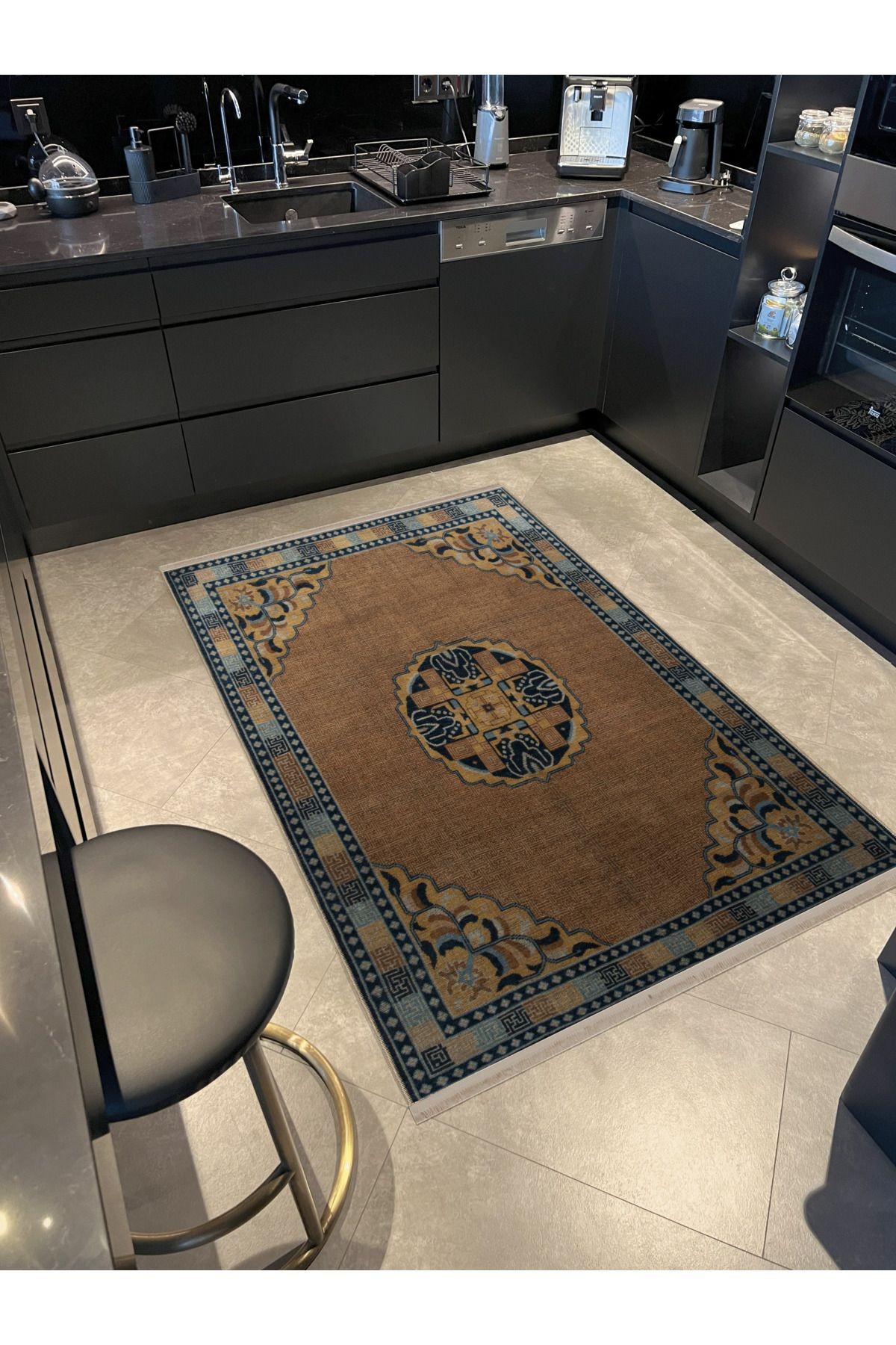 Kahverengi Mavi Temalı Geleneksel Motif Desenli Kreatif Vintage Dekoratif Halı 2978