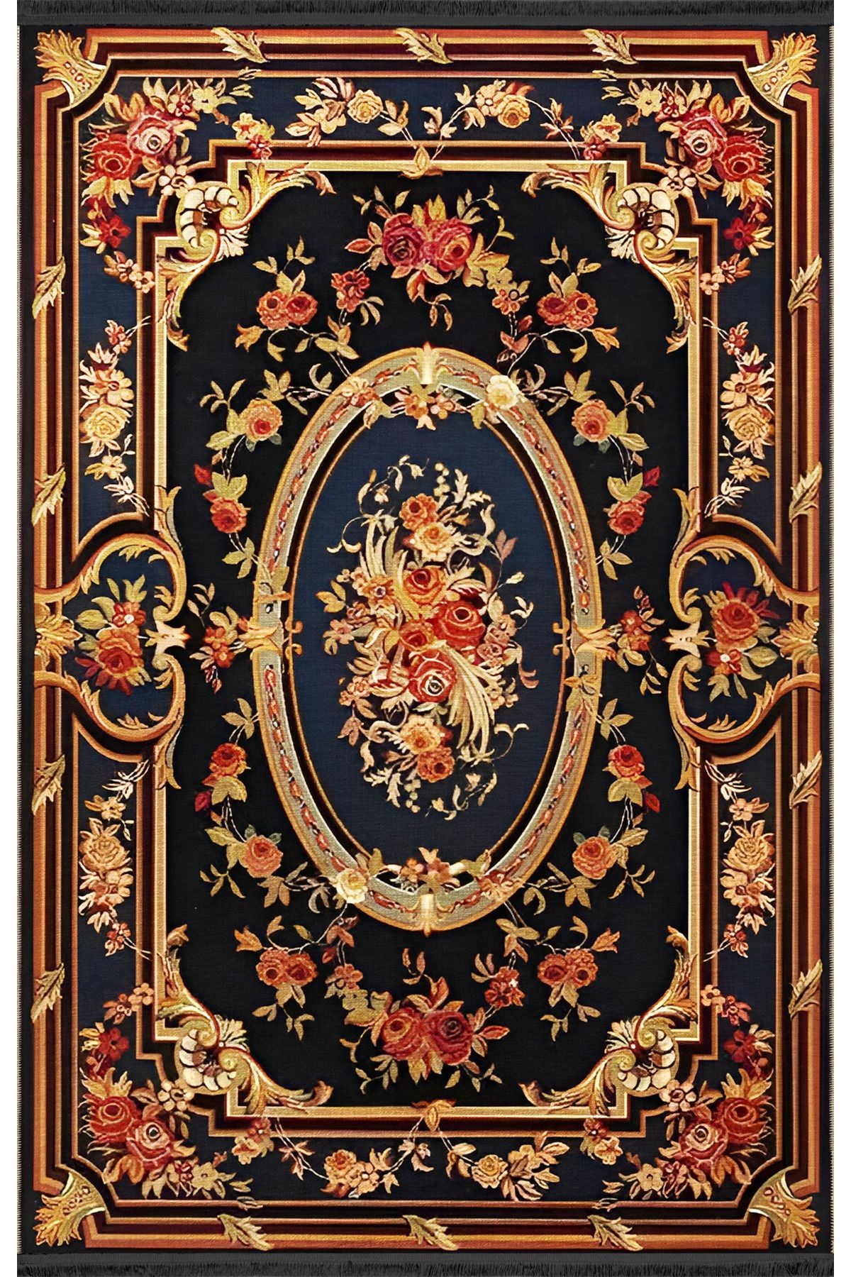 Siyah Temalı Çok Renkli Geleneksel Çiçek Motif Desenli Vintage Dekoratif Halı 1902