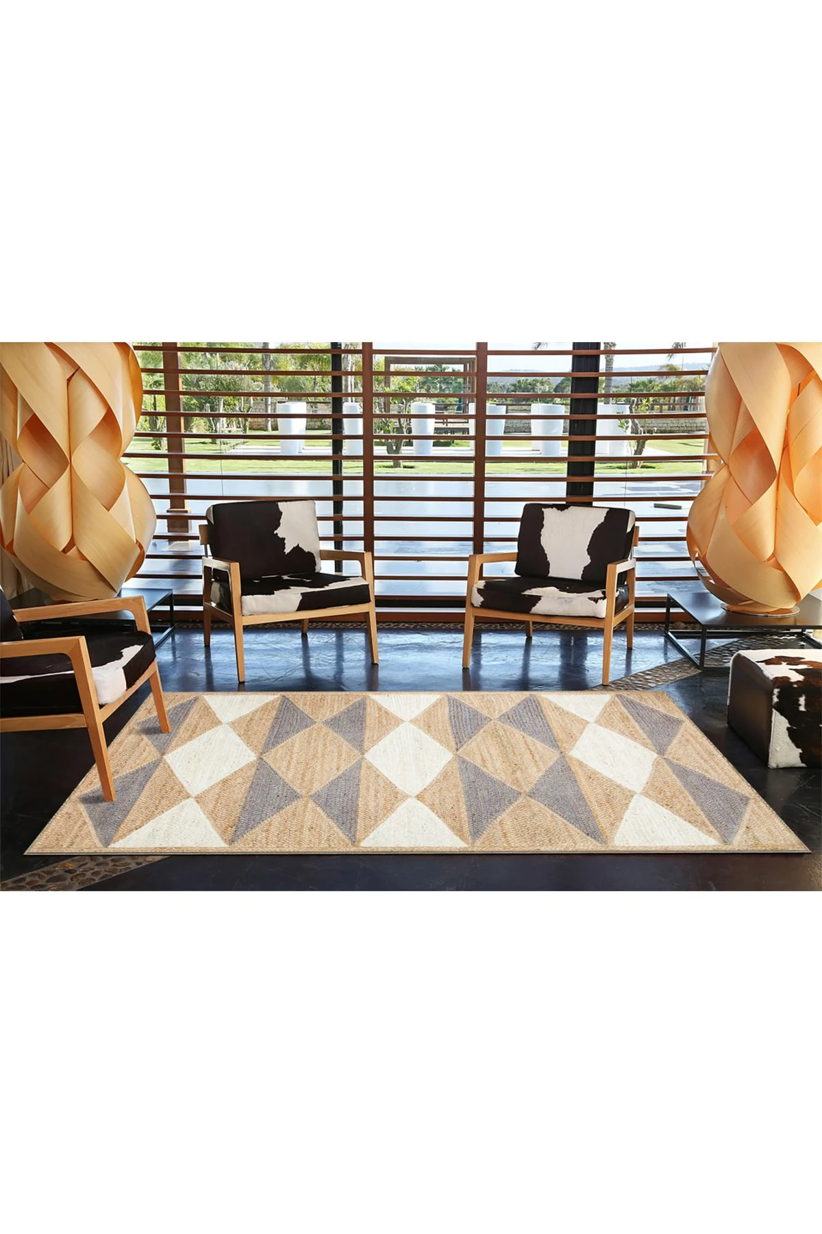 Bej Gri Temalı Üçgen Geometrik Desenli Kreatif Modern Dekoratif Halı 3895