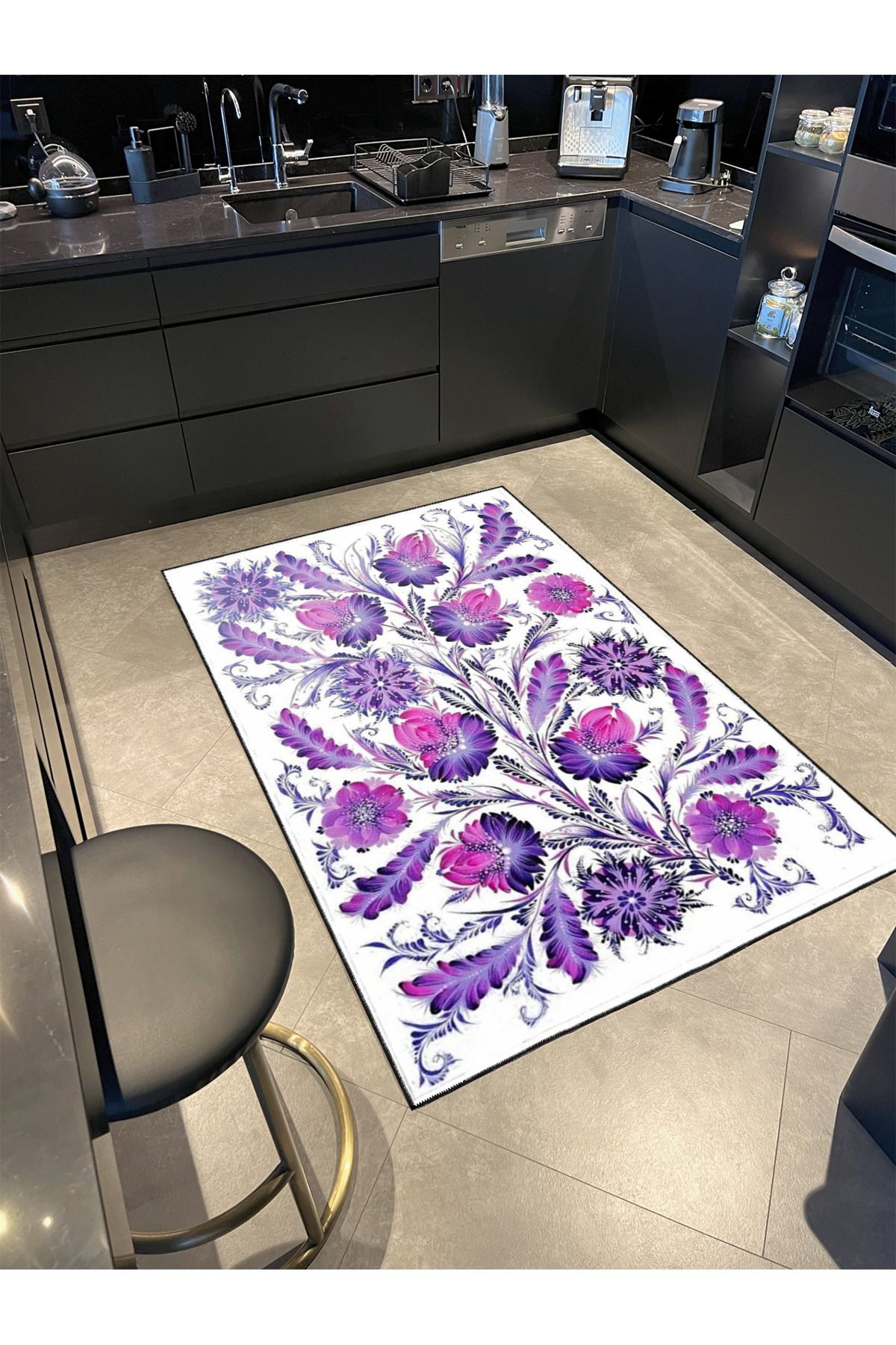 Mavi Mor Renkli Çiçekli Floral Modern Dekoratif Halı miravip164