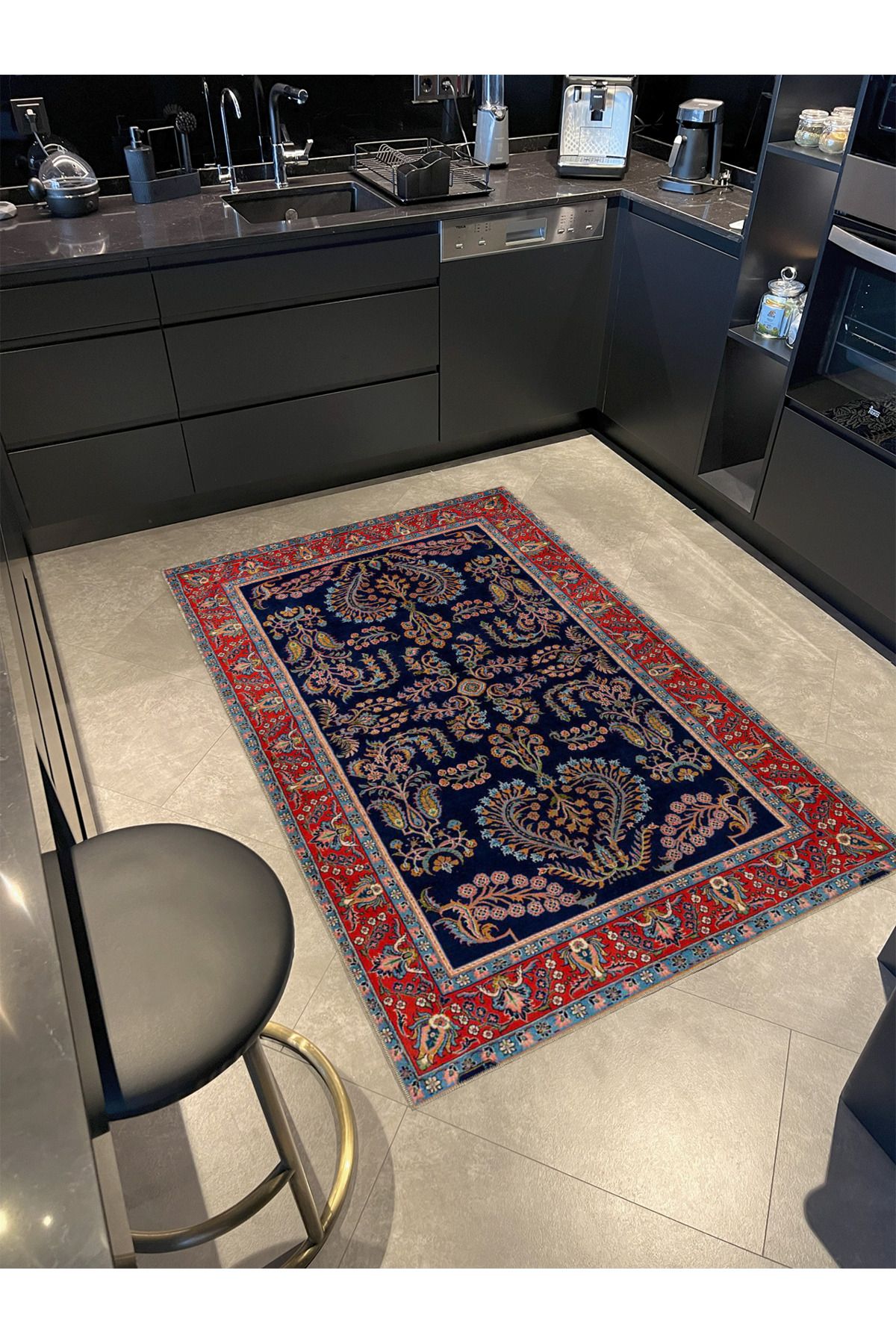 Lacivert Temalı Geleneksel Motif Etnik Çiçek Desenli Vintage Dekoratif Halı 4754