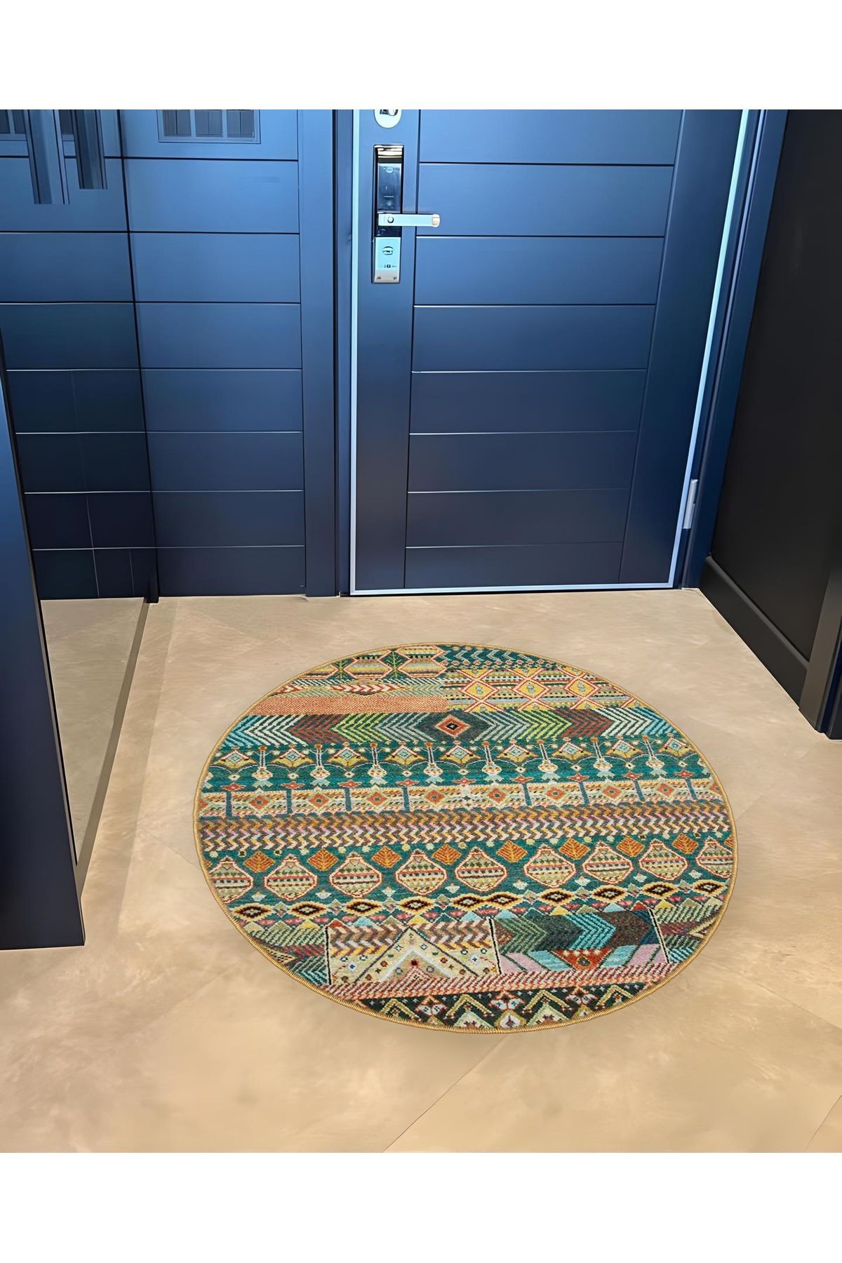 Mira Yuvarlak Yeşil Bej Etnik Desen Detaylı Dokuma Taban Modern Dekoratif Halı 5613
