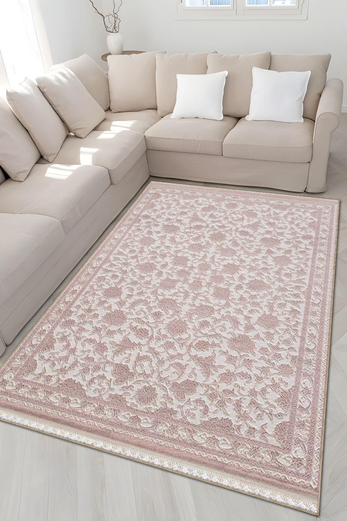 Pudra Pembe Temalı Motifli Floral Çiçek Desenli Vintage Dekoratif Halı 4878
