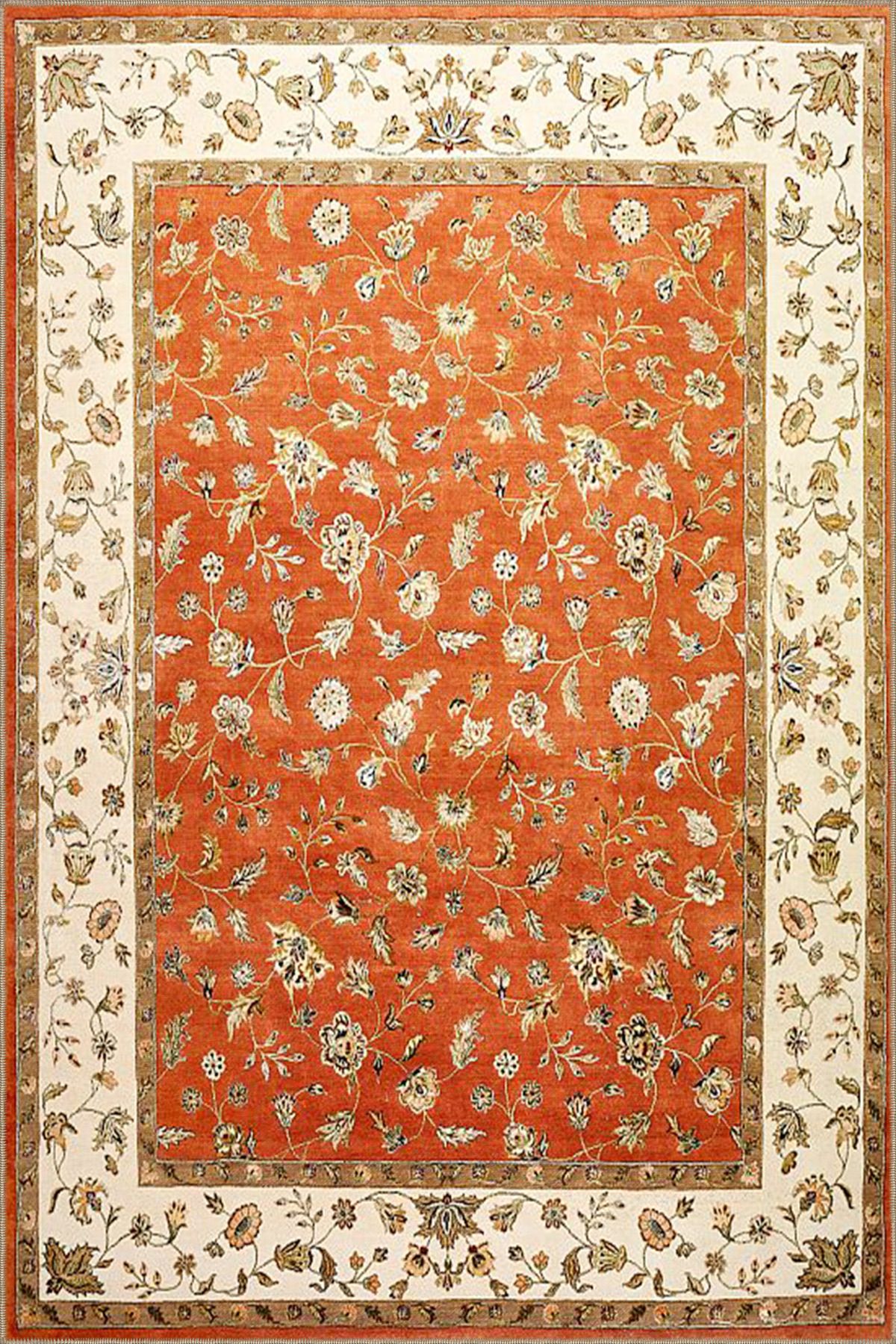 Turuncu Çerçeveli Çiçek Motifli Desenli Modern Dekoratif Halı 4440