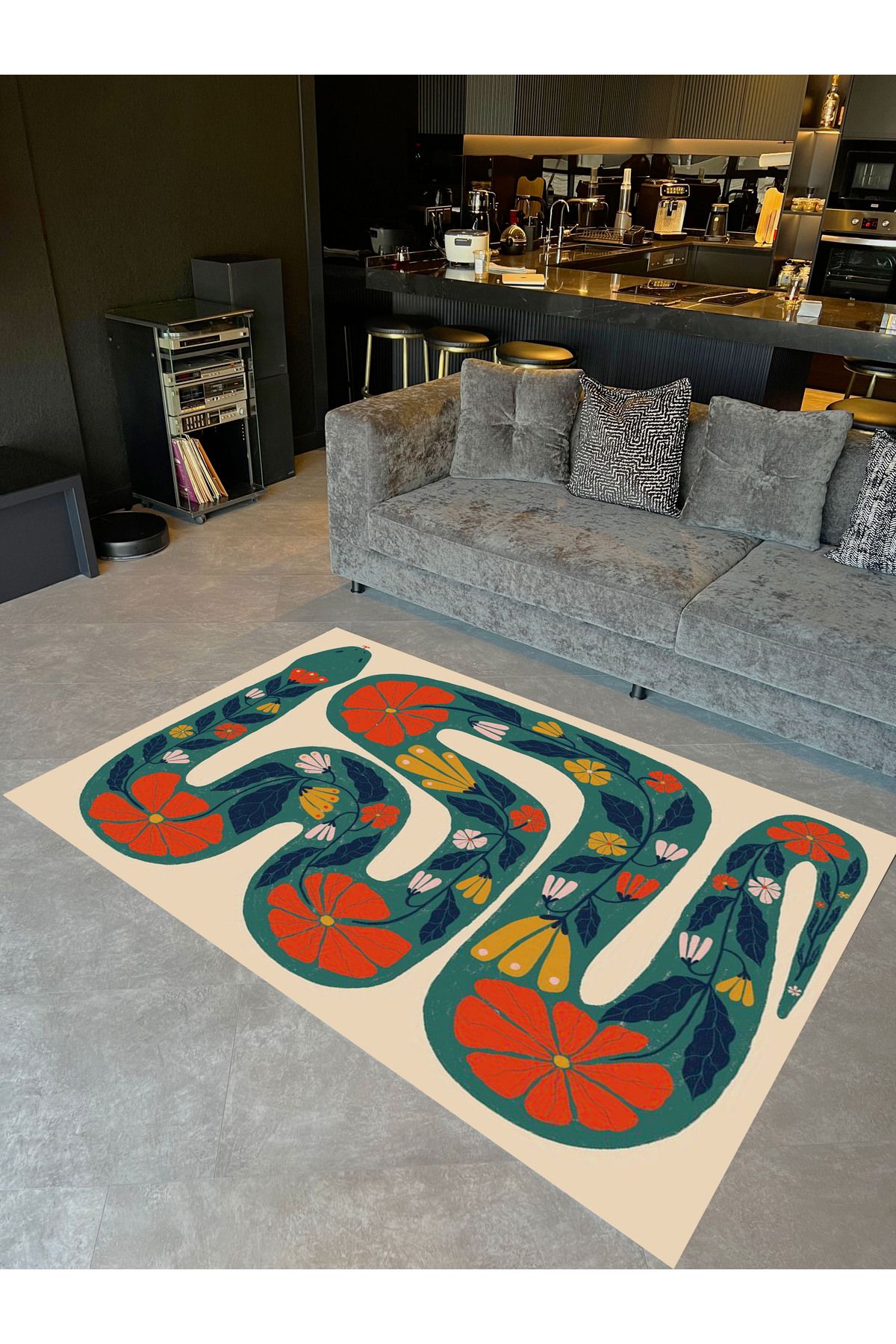 Ebru Koleksiyonu Yeşil Turuncu Çiçek Detaylı Yılan Desenli Dokuma Taban Modern Dekoratif Halı ebru20