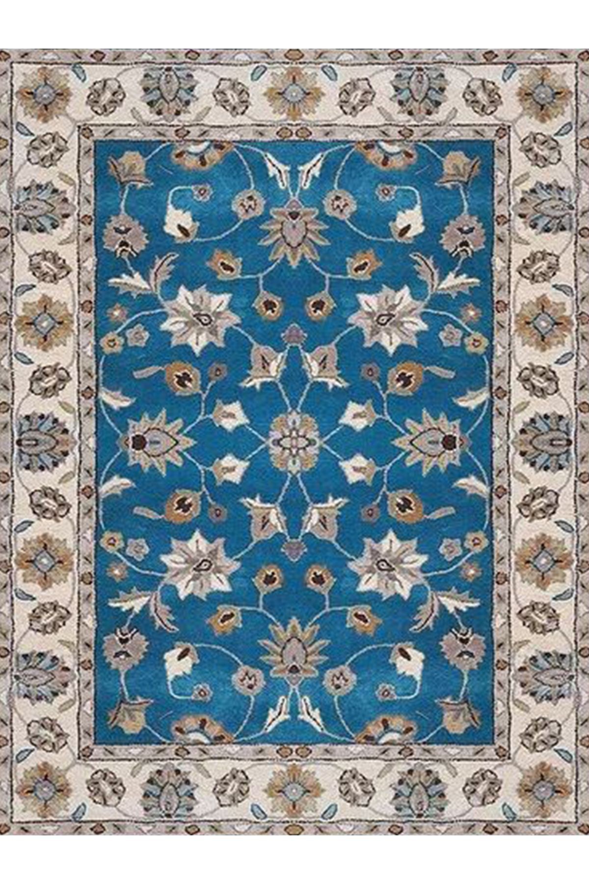 Kemal Koleksiyonu Saks Mavi Temalı Floral Desenli Dokuma Taban Vintage Dekoratif Halı 05