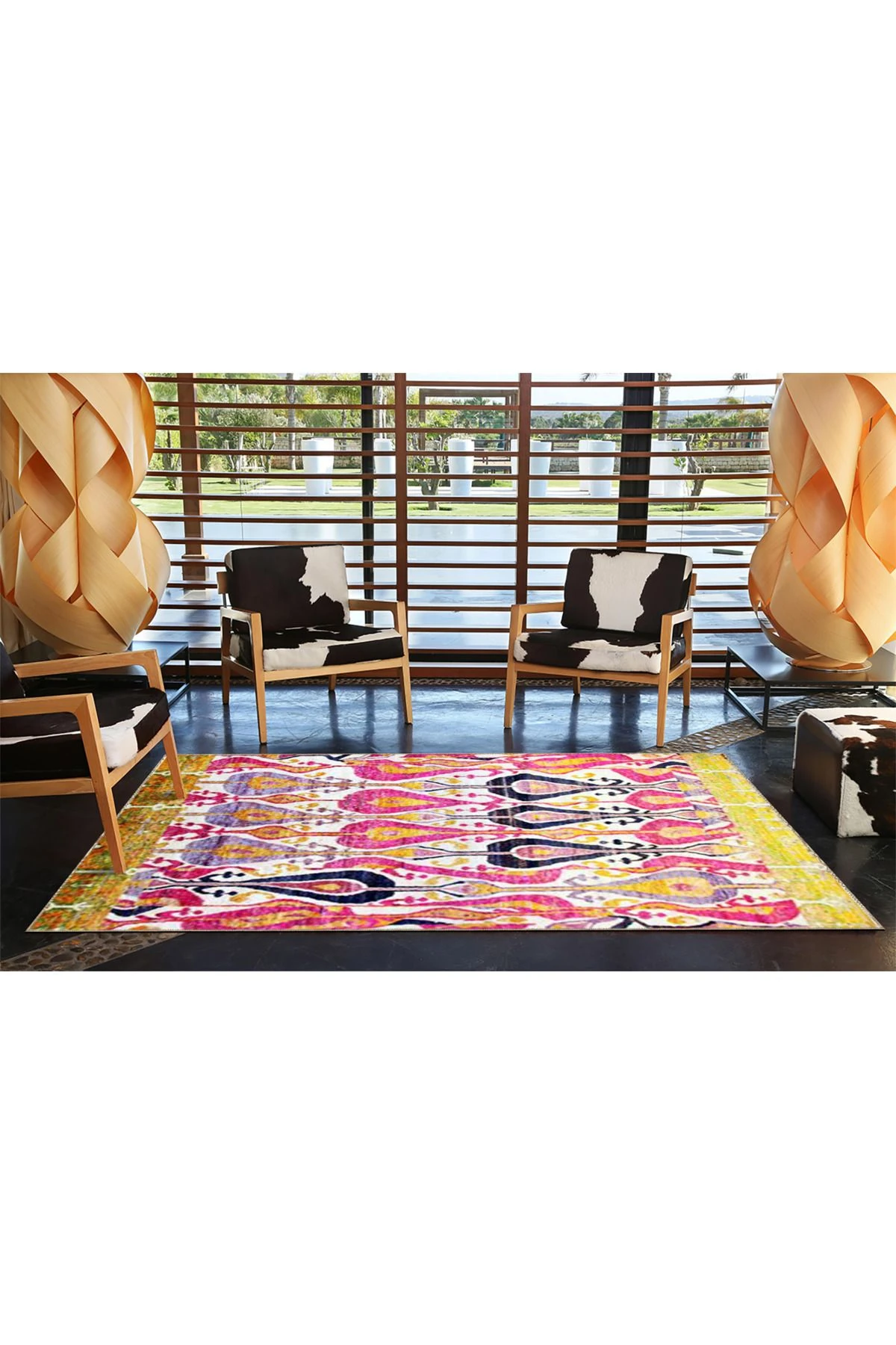 Pembe ve Saro Tonlarda Akan Motifli Dekoratif Dokuma Taban Halı miravip21