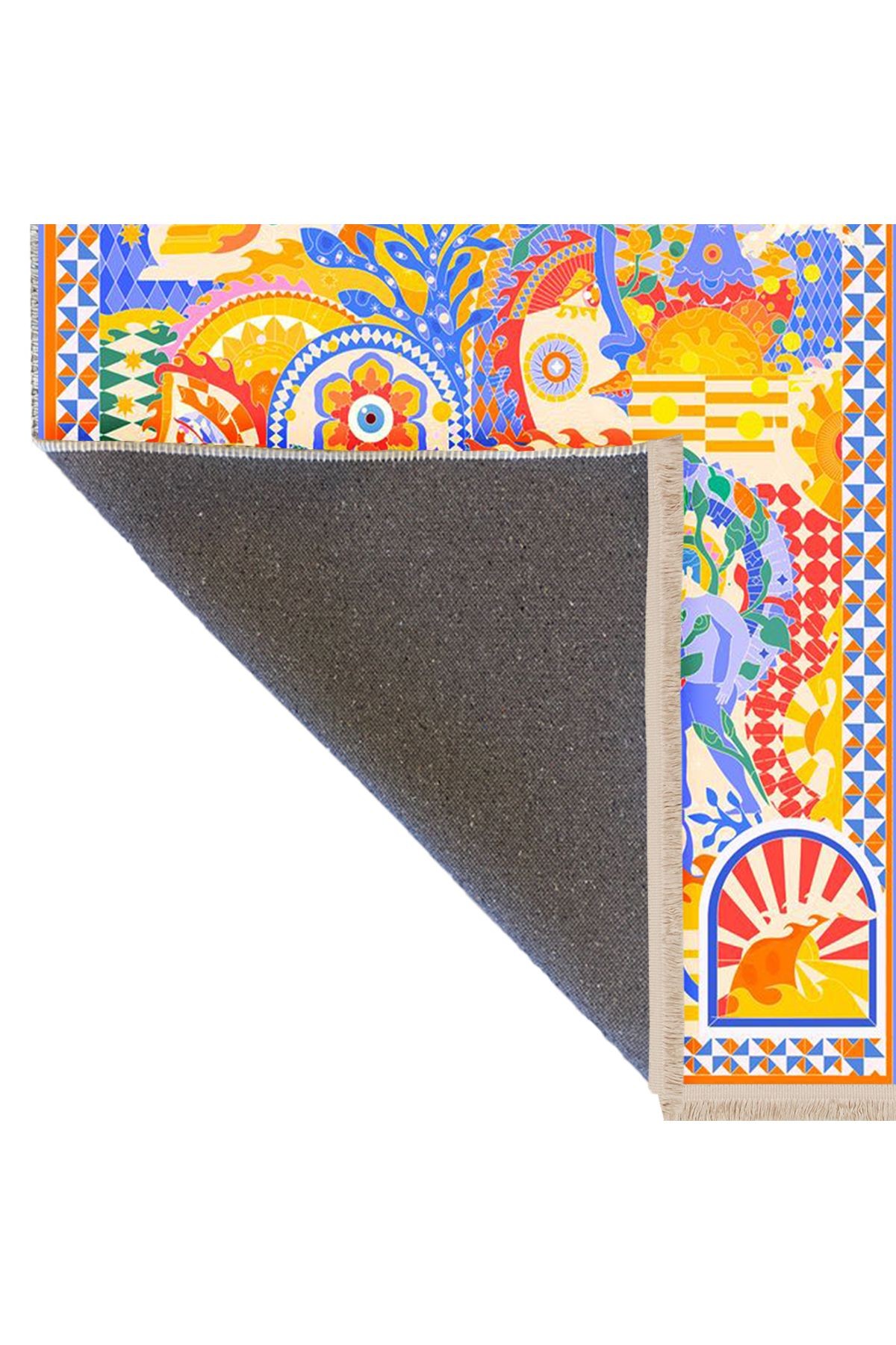 Asena Koleksiyonu Çok Renkli İnsan Çiçek ve Kaplan Figürleri Desenli Modern Dekoratif Halı 34