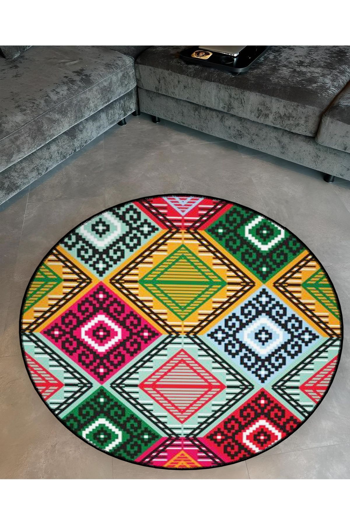 Mira Yuvarlak Çok Renkli Siyah Şekiller Detaylı Dokuma Taban Modern Dekoratif Halı 5618