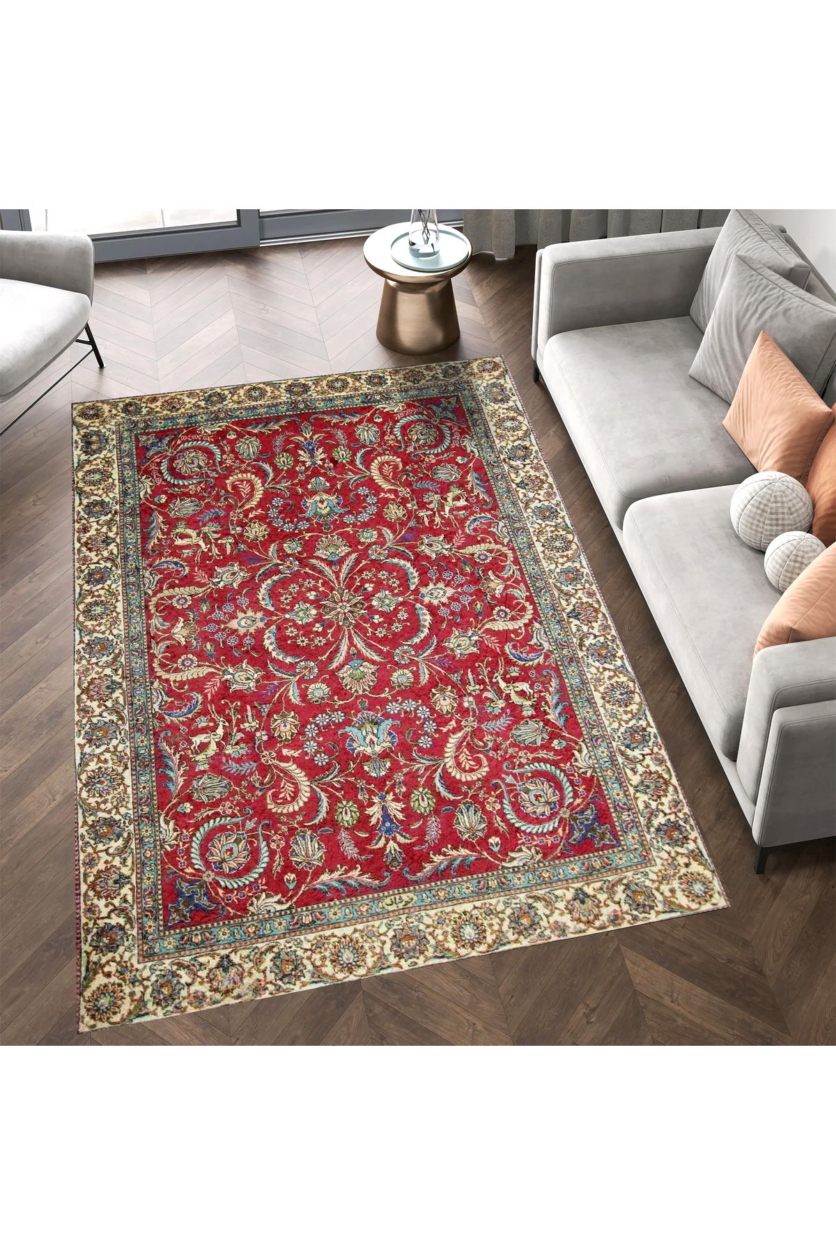 Mete Koleksiyonu Kırmızı Tema Floral ve Geleneksel Desenli Vintage Dekoratif Halı 02