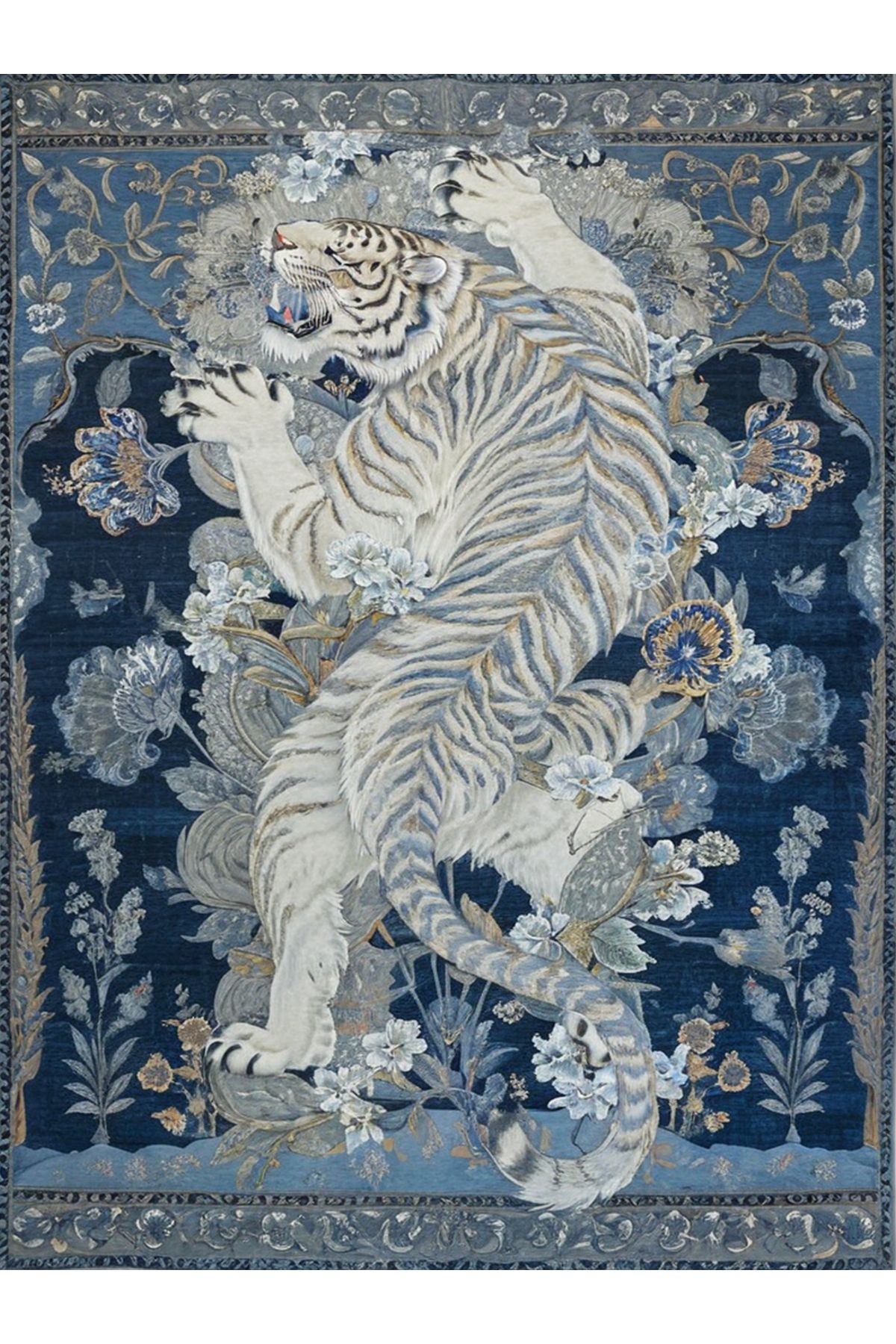 Tokyo Koleksiyonu Gri Lacivert Ton Kaplan ve Çiçekler Desenli Dokuma Taban Modern Dekoratif Halı 08
