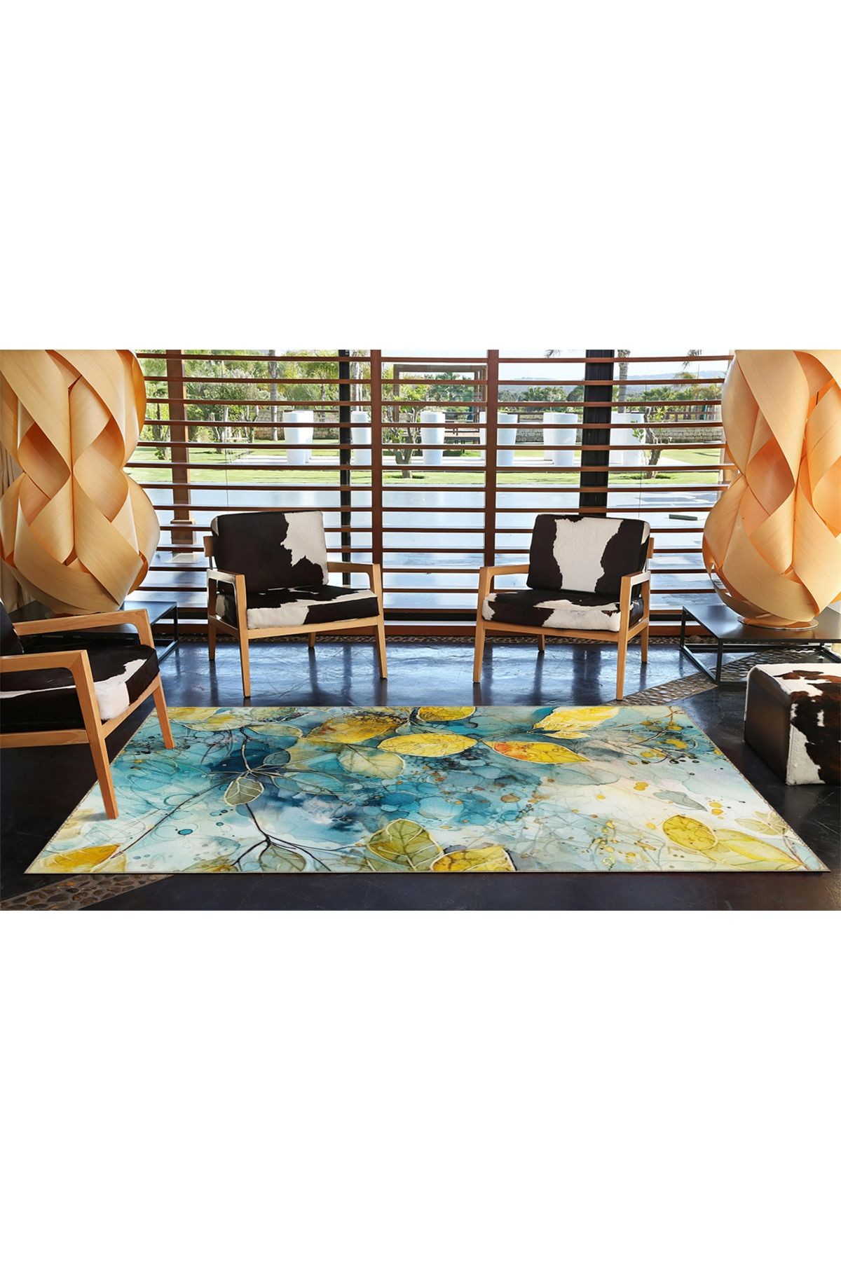 Buz Mavisi ve Sarı Temalı Floral Çiçekli Dekoratif Yıkanabilir Halı miravip8994
