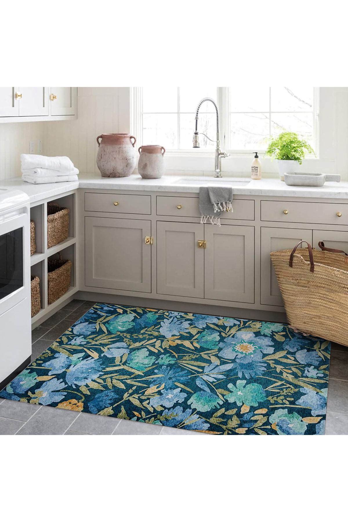 Kuzey Koleksiyonu Mavi Yeşil Çiçekler Desenli Dokuma Taban Dekoratif Halı kuzey31