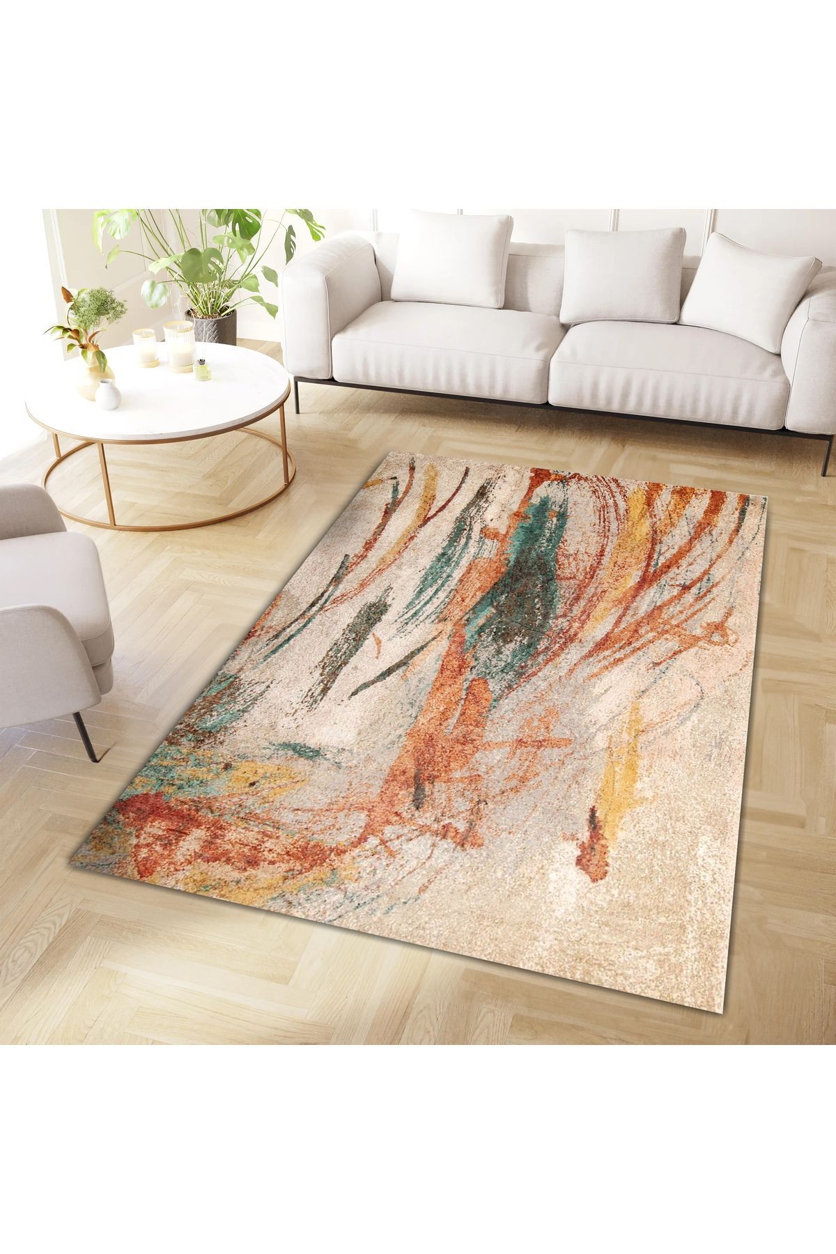 Aysu Koleksiyonu Yeşil Turuncu Detaylı Soyut Desenli Dokuma Taban Modern Dekoratif Halı aysu05