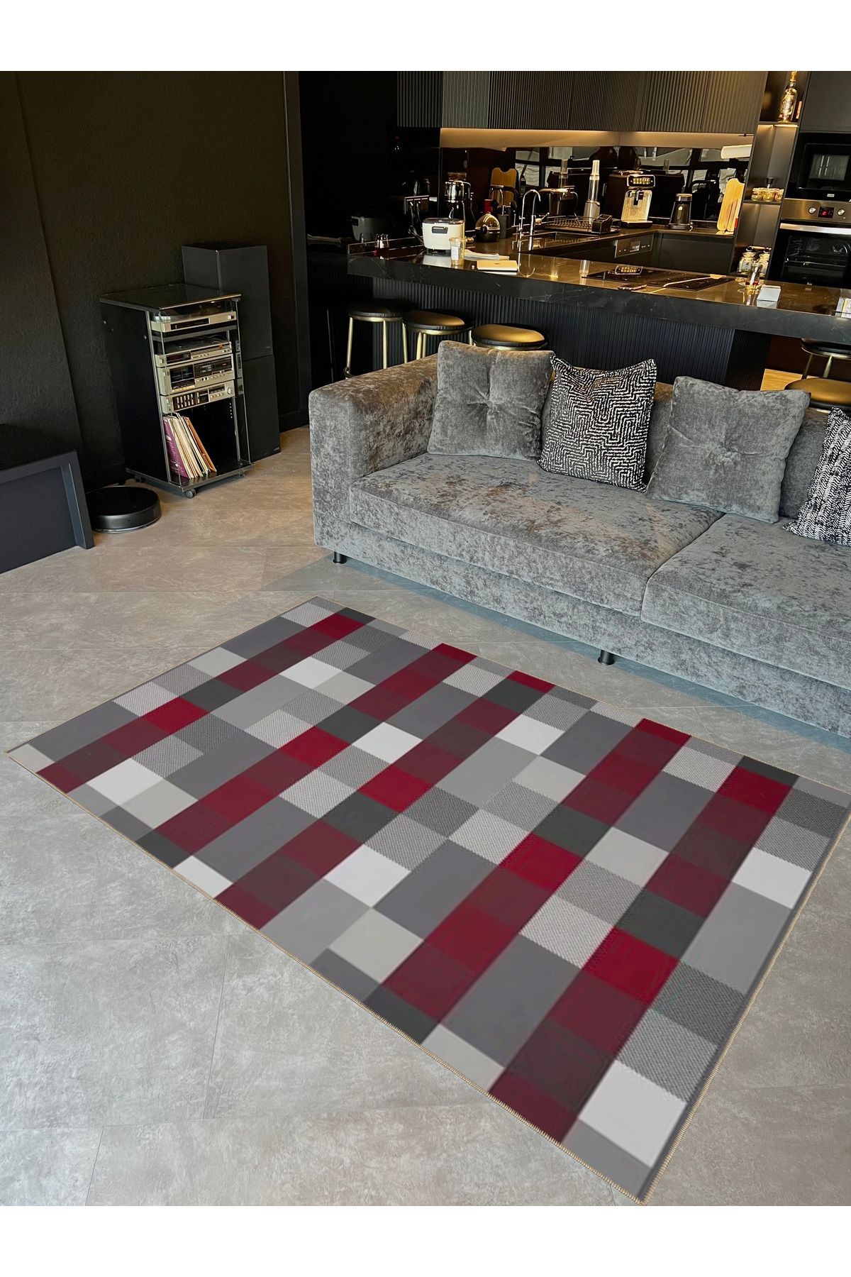 Ametist Serisi Gri Bordo Temalı Piksel Patchwork Desen Dokuma Taban Modern Dekoratif Halı ametist30
