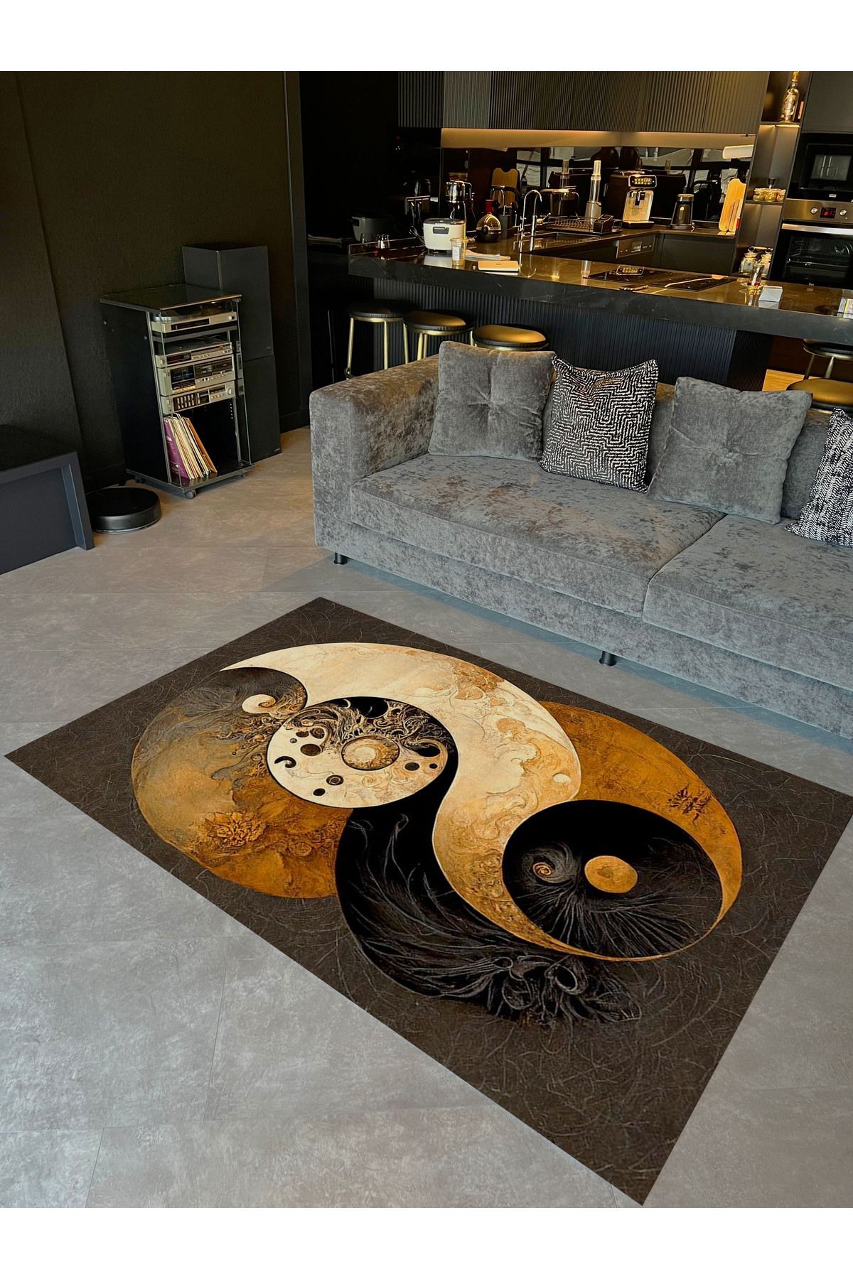 Kubilay Koleksiyonu Gri Tonlar Soyut Ying Yang Tema Desenli Dokuma Taban Modern Dekoratif Halı 22