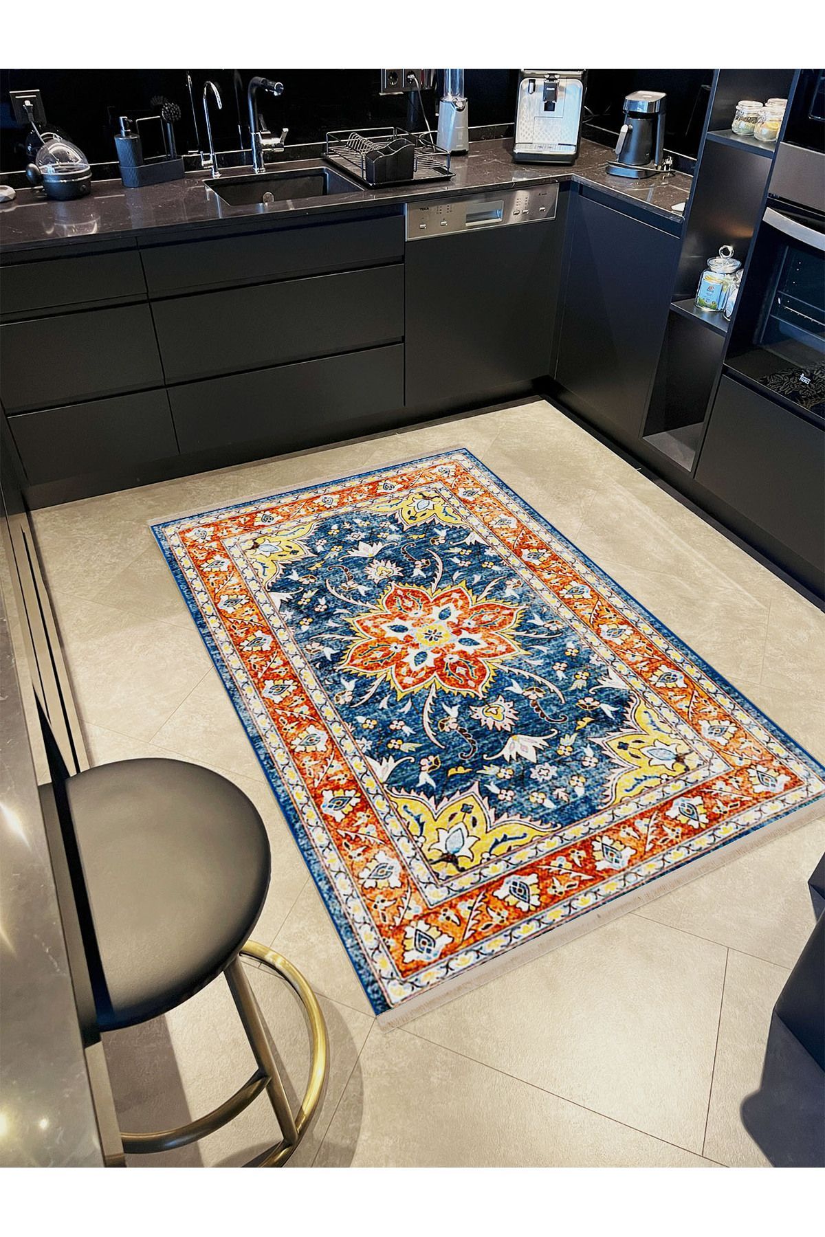 Alya Koleksiyonu Eskitme Görünümlü Mavi Turuncu Etnik Desenli Dokuma Taban Dekoratif Halı alya42