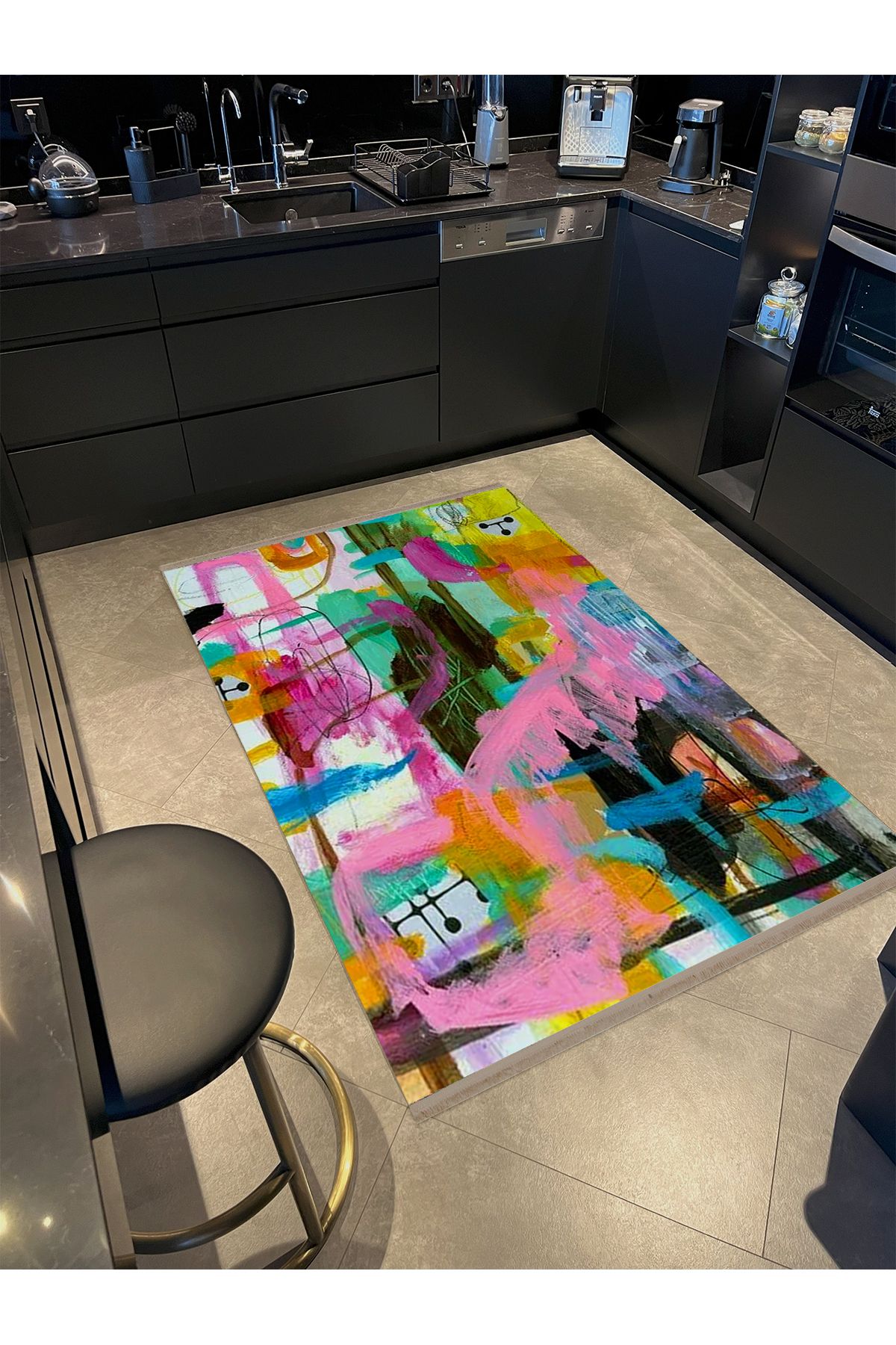 Özge Koleksiyonu Yağlı Boya Görünümlü Çok Renkli Soyut Desenli Dokuma Taban Dekoratif Halı özge25