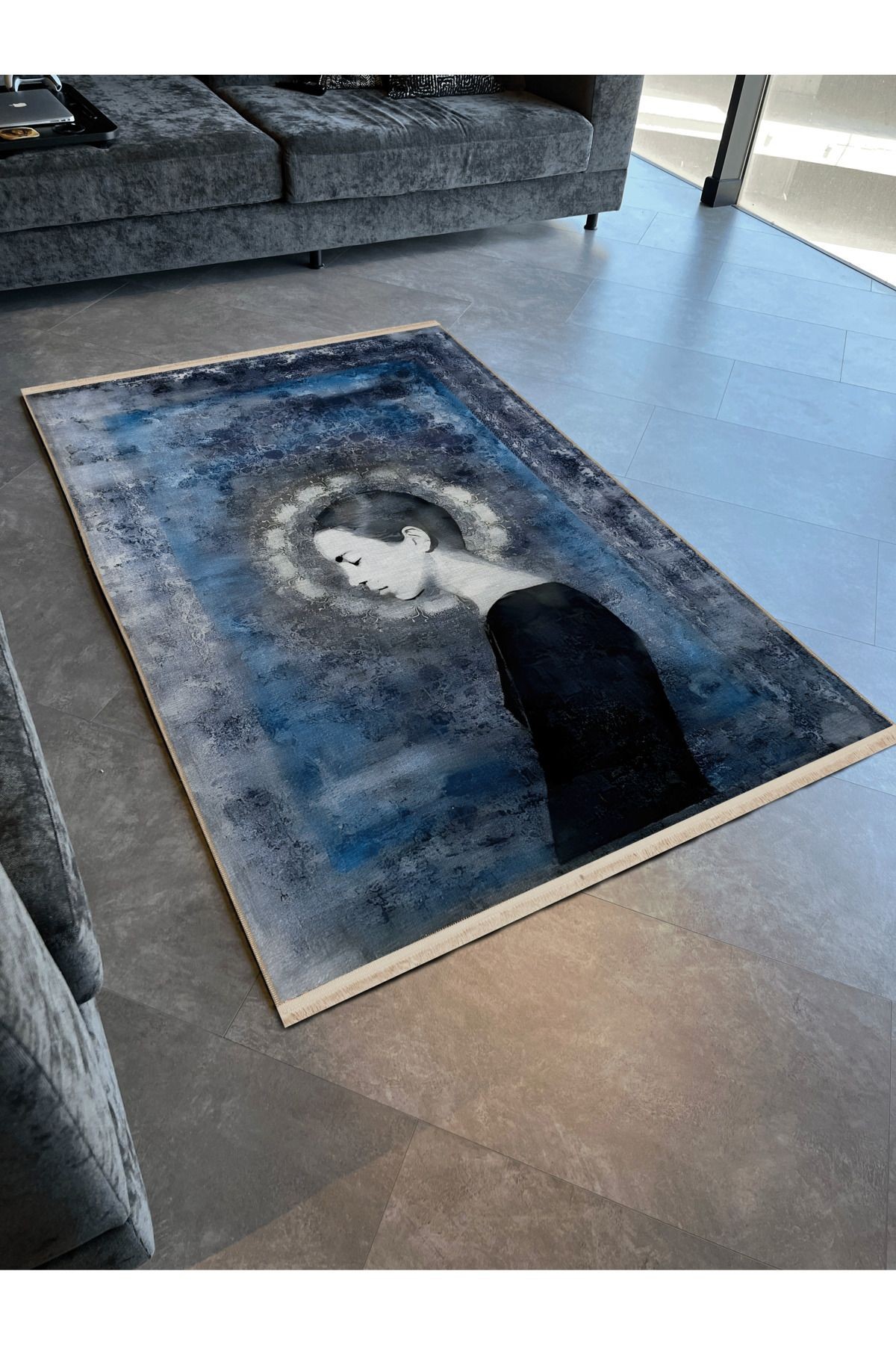 Mavi Gri Temalı Motifli Soyut İnsan Desenli Kreatif Modern Dekoratif Halı 2494