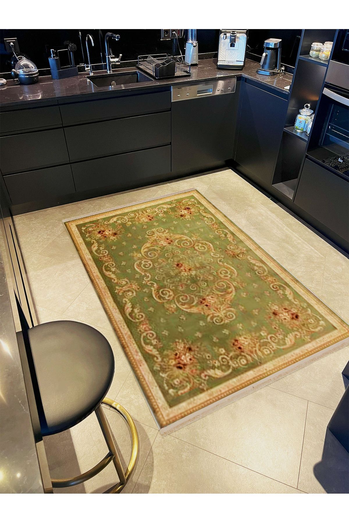 İnci Koleksiyonu Yeşil ve Bej Tema Etnik Motif Desenli Dokuma Taban Vintage Dekoratif Halı inci27