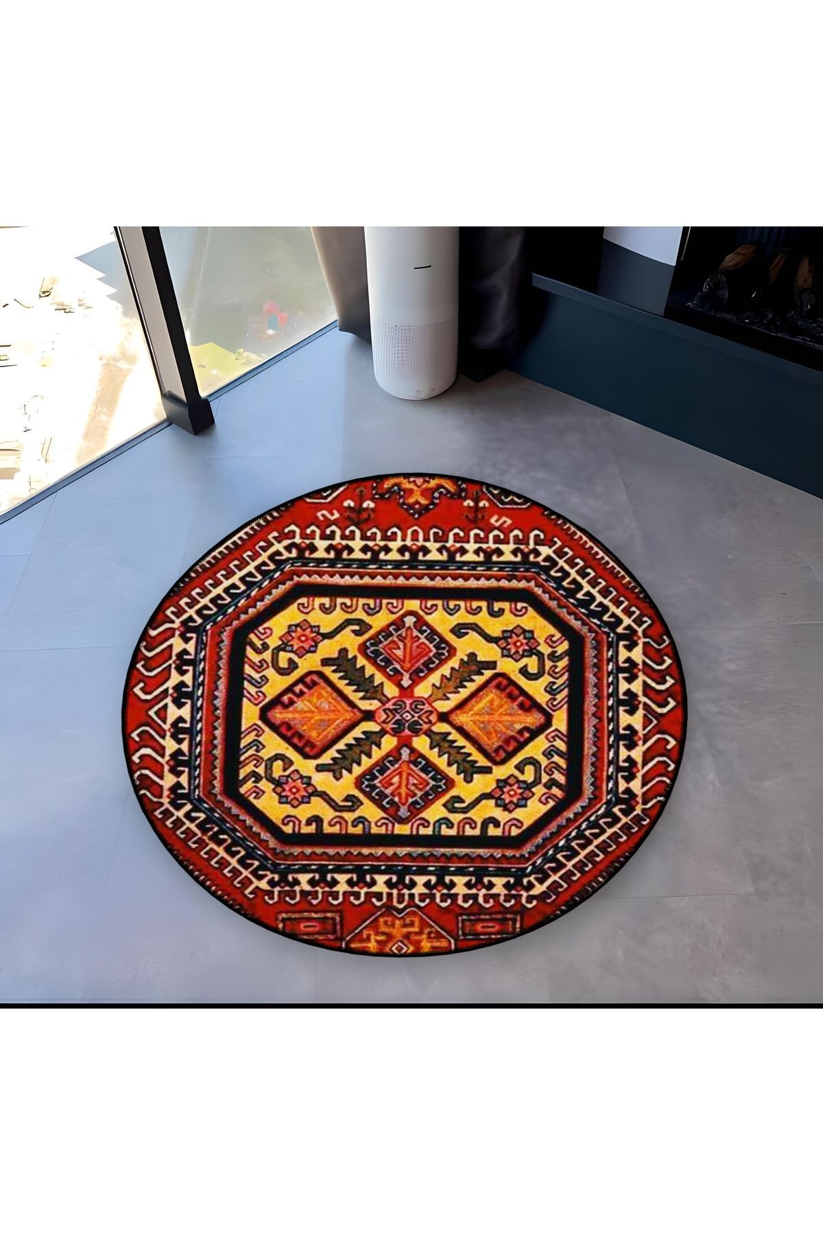 Bordo ve Sarı Tema Geleneksel Motif Desenli Yuvarlak Dokuma Taban Vintage Dekoratif Halı 6121