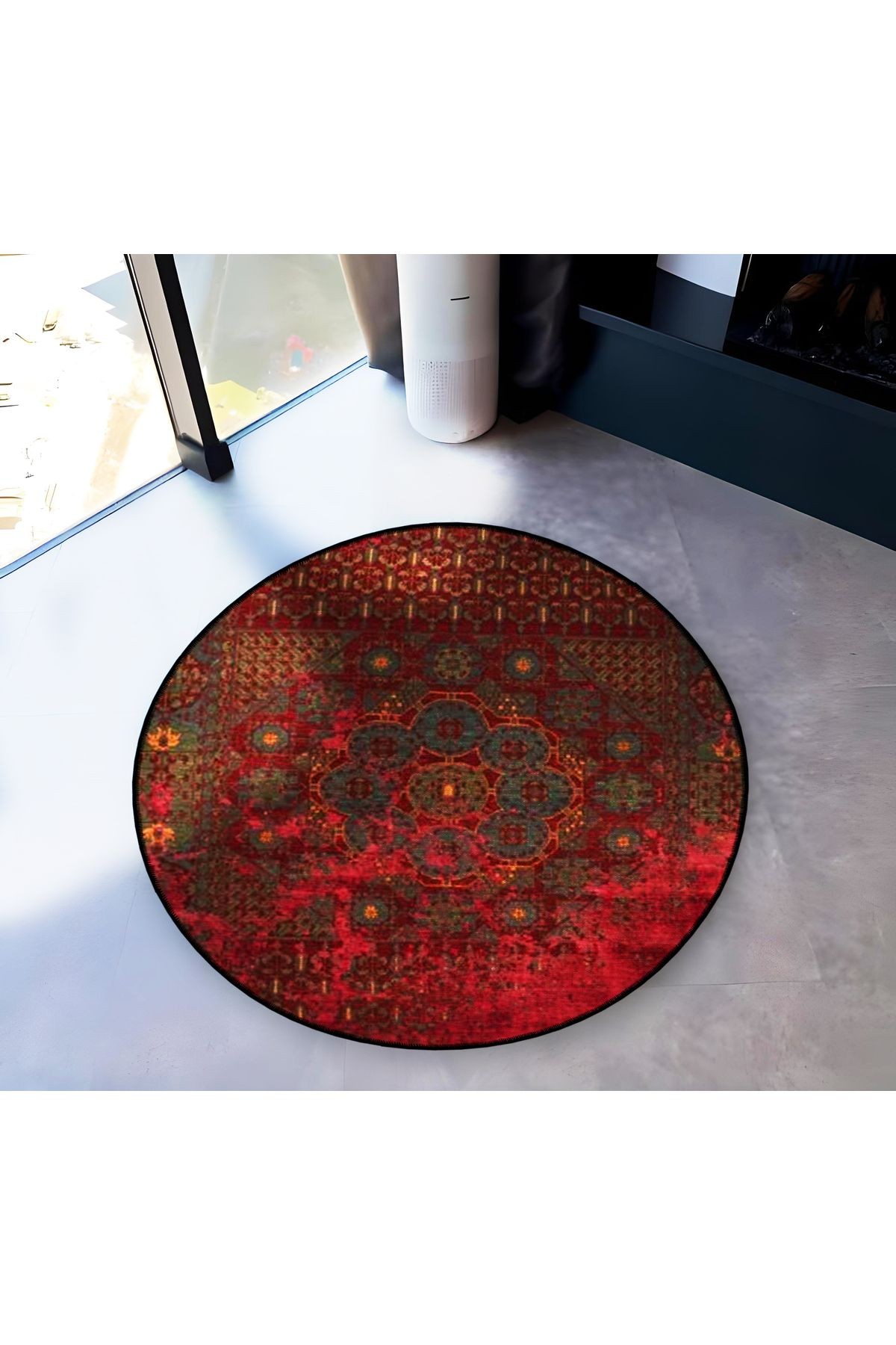 Bordo Temalı Motifli Geleneksel Desenli Yuvarlak Dokuma Taban Vintage Dekoratif Halı 6150