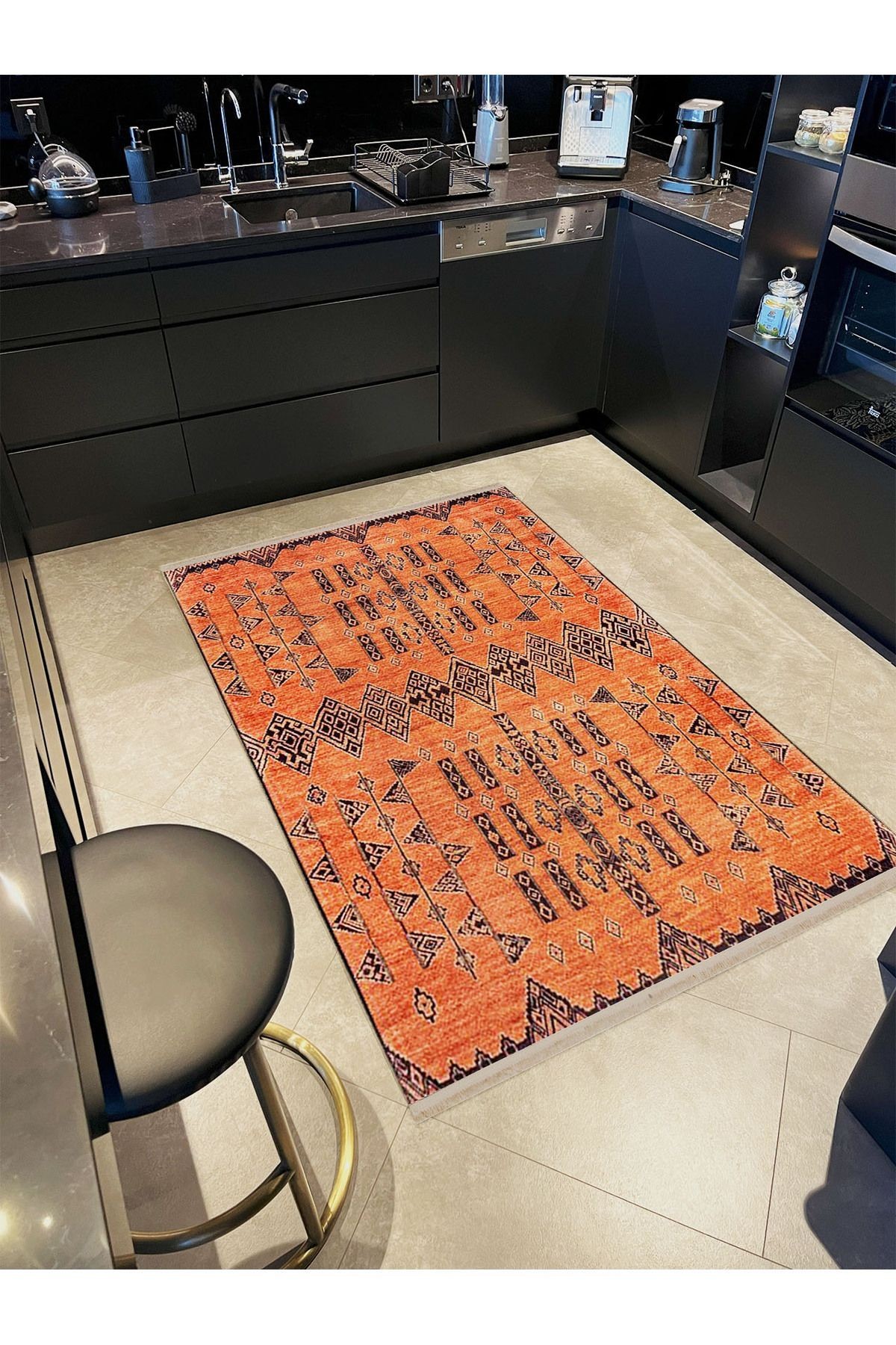 Alya Koleksiyonu Eskitme Görünümlü Turuncu Siyah Etnik Dokuma Taban Modern Dekoratif Halı alya35