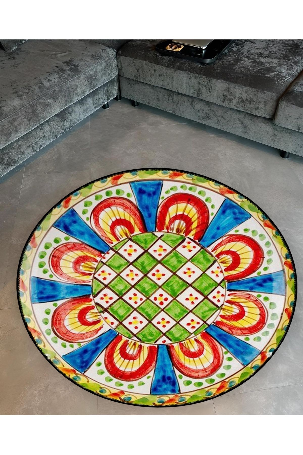 Mira Yuvarlak Yeşil Kırmızı Tonlarda Desenli Dokuma Taban Modern Dekoratif Halı 5641