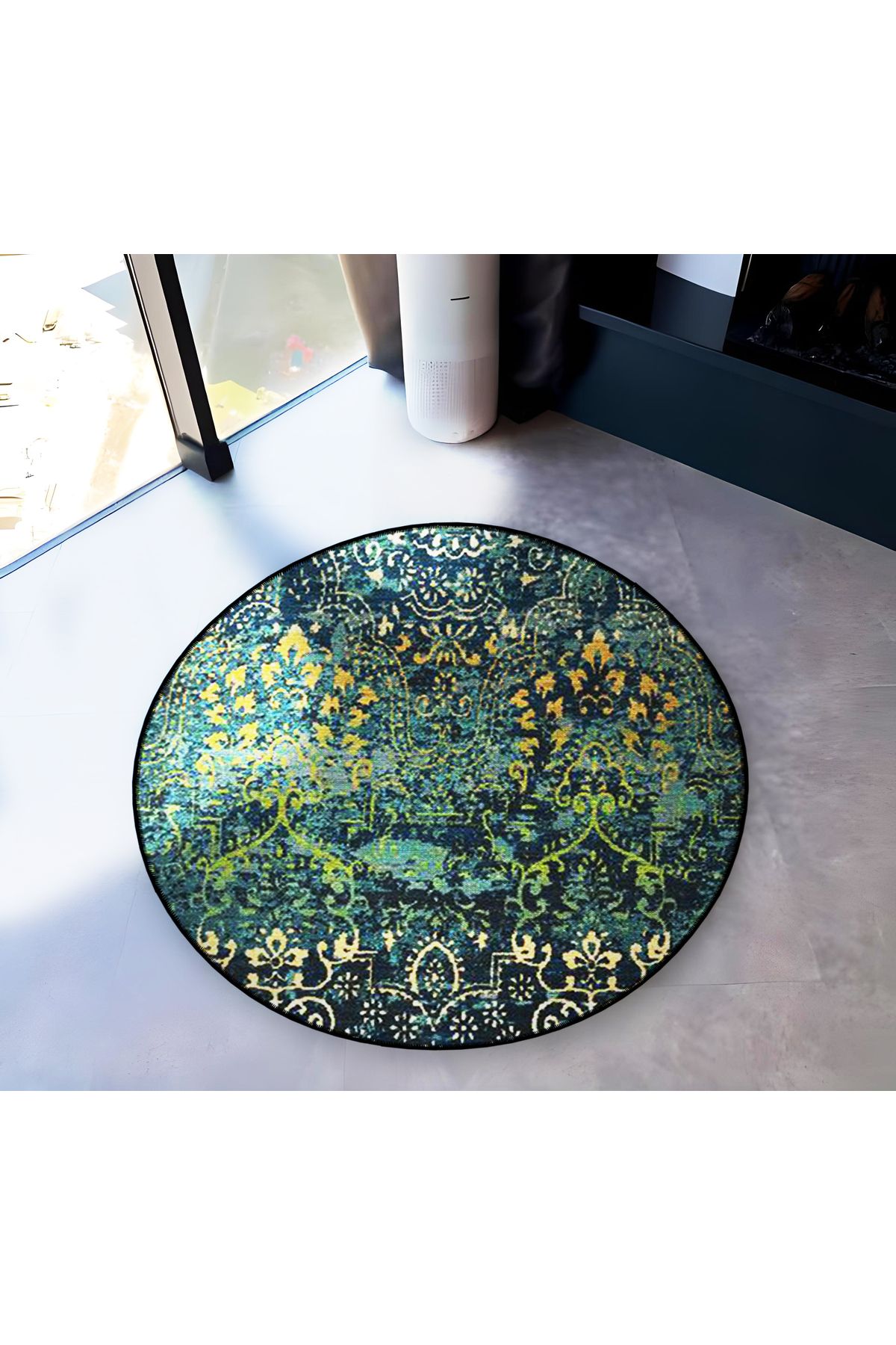 Koyu Yeşil Tema Motifli Geleneksel Desenli Yuvarlak Dokuma Taban Vintage Dekoratif Halı 6161