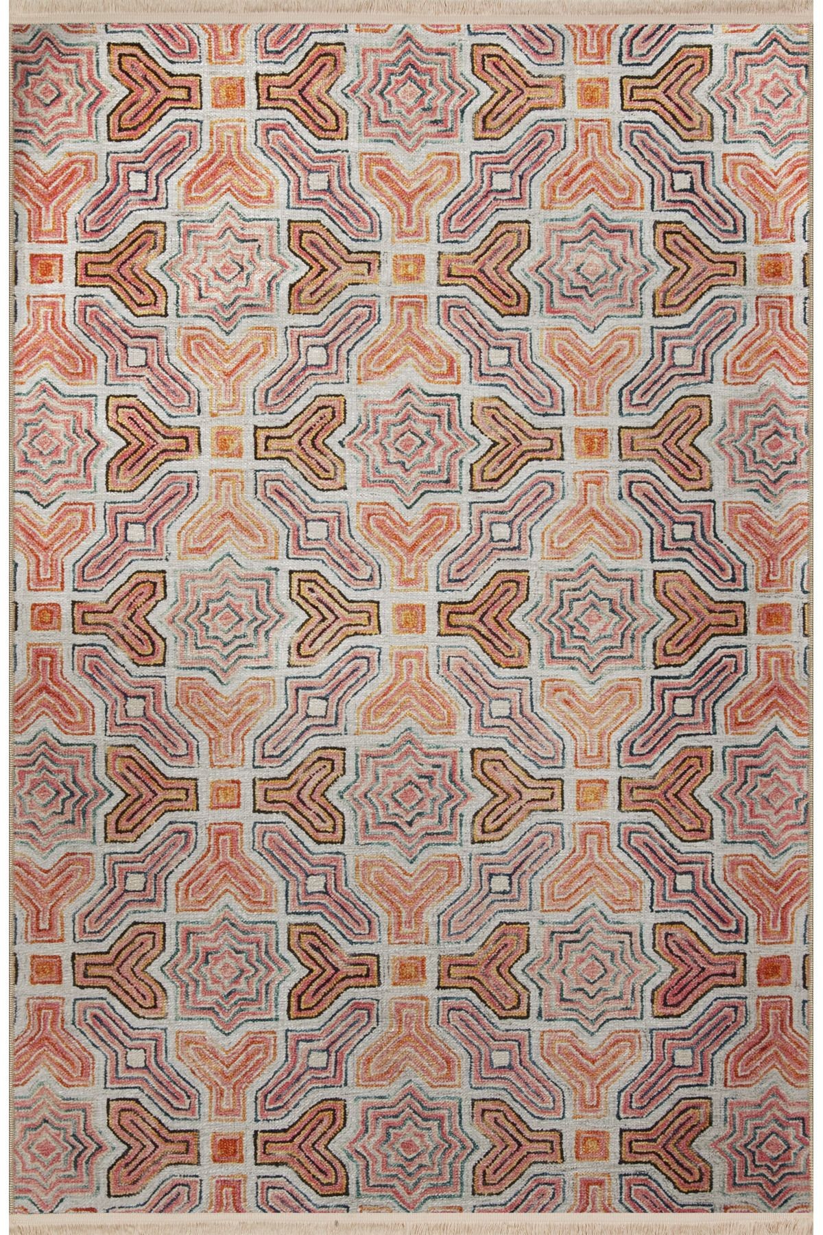 Pembe Turuncu Temalı Çiçek ve Geometrik Desenli Kreatif Vintage Dekoratif Halı 2833