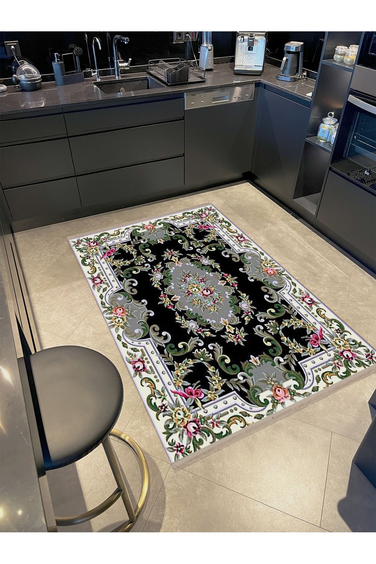 Aynur Koleksiyonu Siyah Temalı Sarmaşık ve Bordür Detaylı Dokuma Taban Modern Dekoratif Halı aynur35