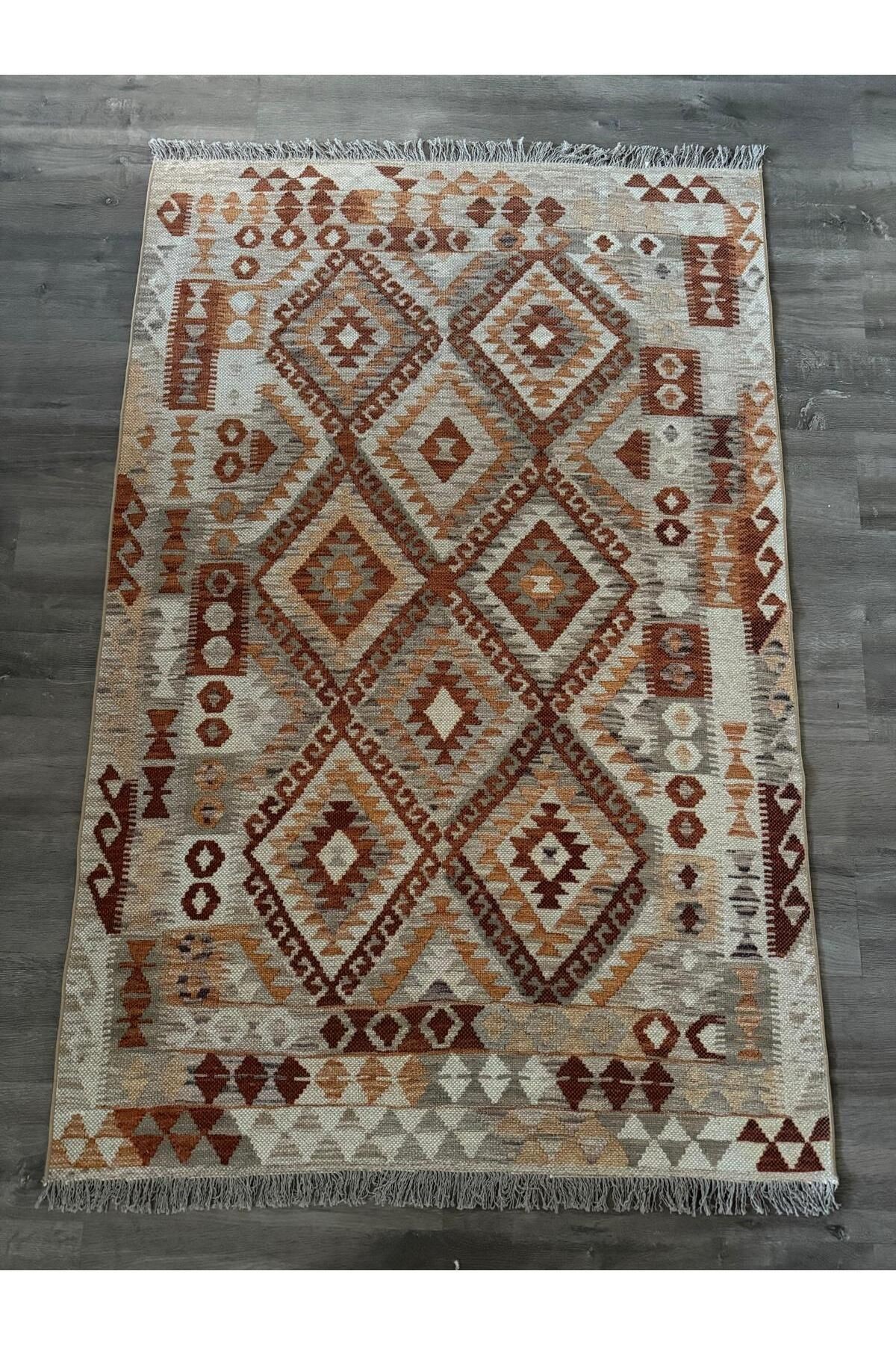 Cotton Pamuklu Çok Renkli Kiremit Tonlarda Otantik Desenli Kilim 501