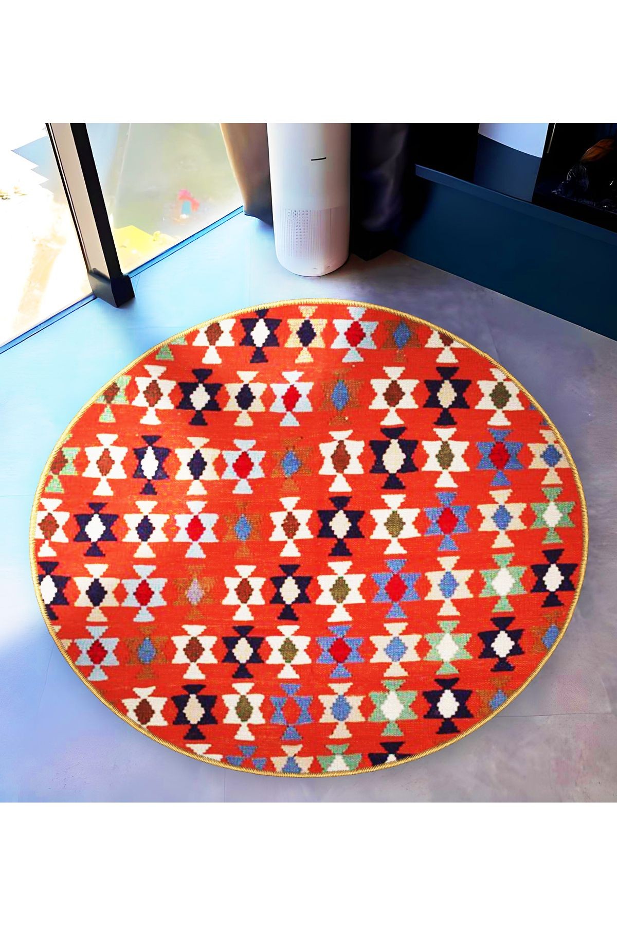 Kırmızı Temalı Çok Renkli Etnik Motif Desenli Yuvarlak Dokuma Taban Vintage Dekoratif Halı 6216