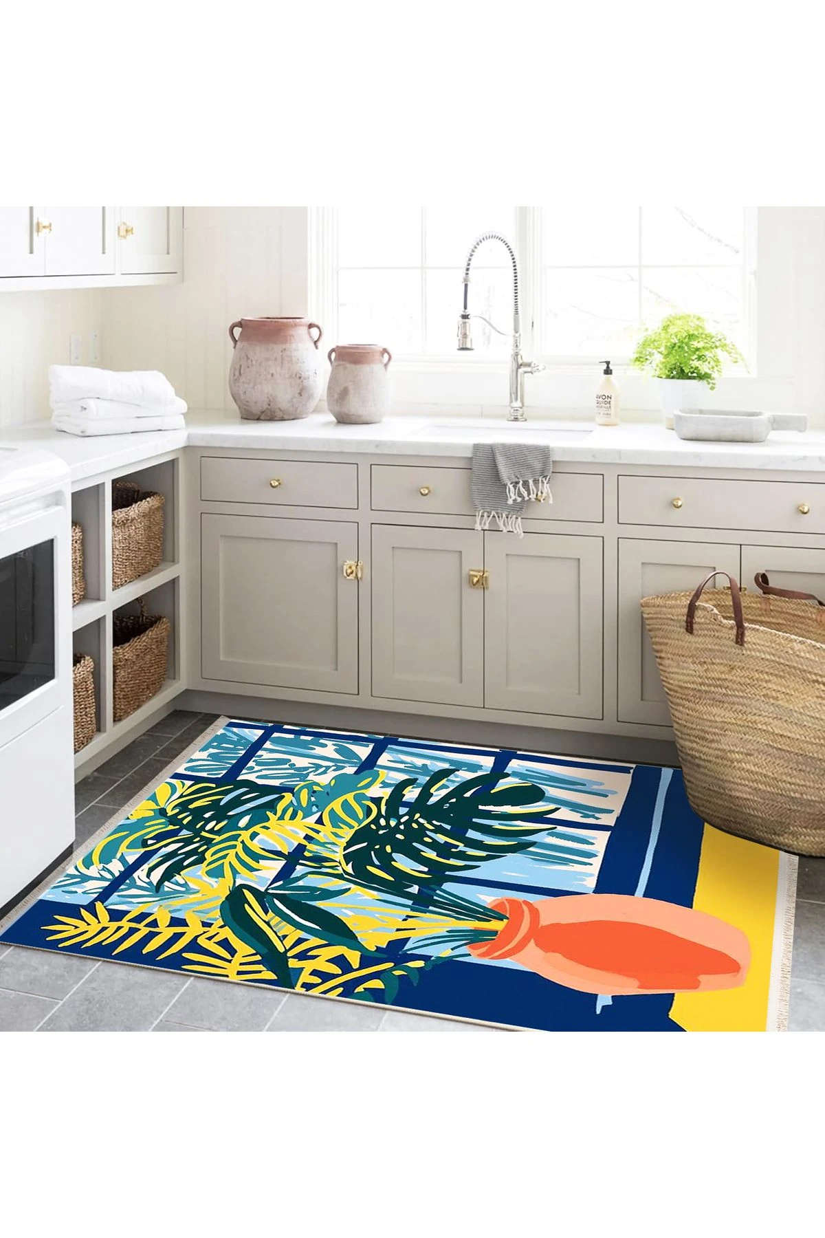 Yılmaz Koleksiyonu Sarı Lacivert Temalı Pencere ve Saksı Desenli Kreatif Modern Dekoratif Halı 25