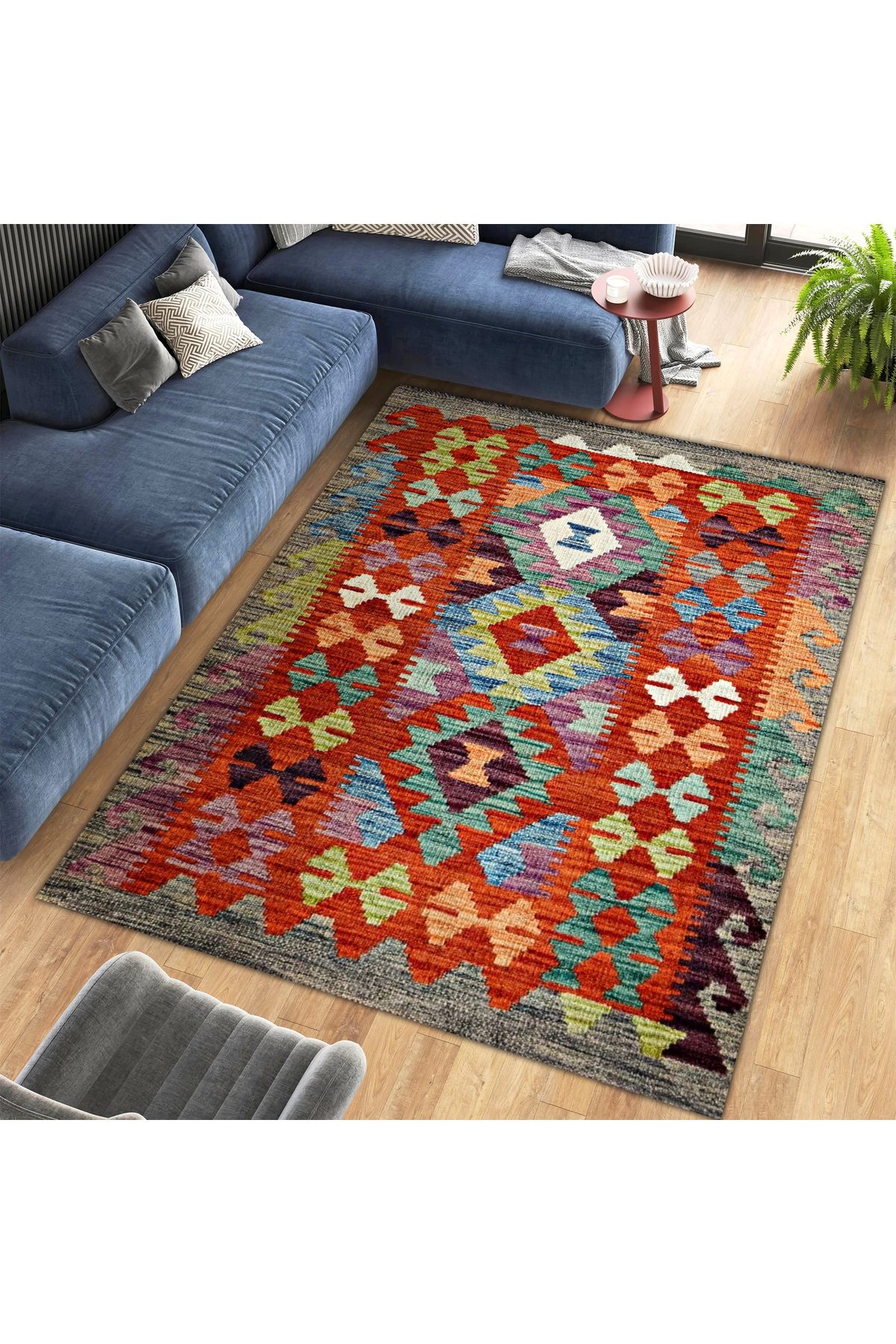 Mete Koleksiyonu Çok Renkli Geometrik Şekiller ve Etnik Desenli Vintage Dekoratif Halı 31