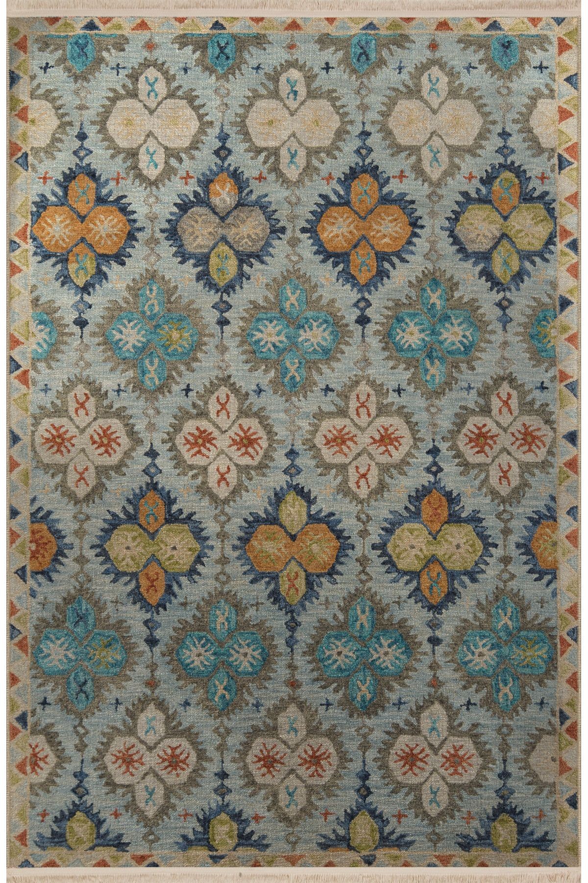 Açık Mavi Temalı Çok Renkli Geleneksel Motif Desenli Kreatif Vintage Dekoratif Halı 2905