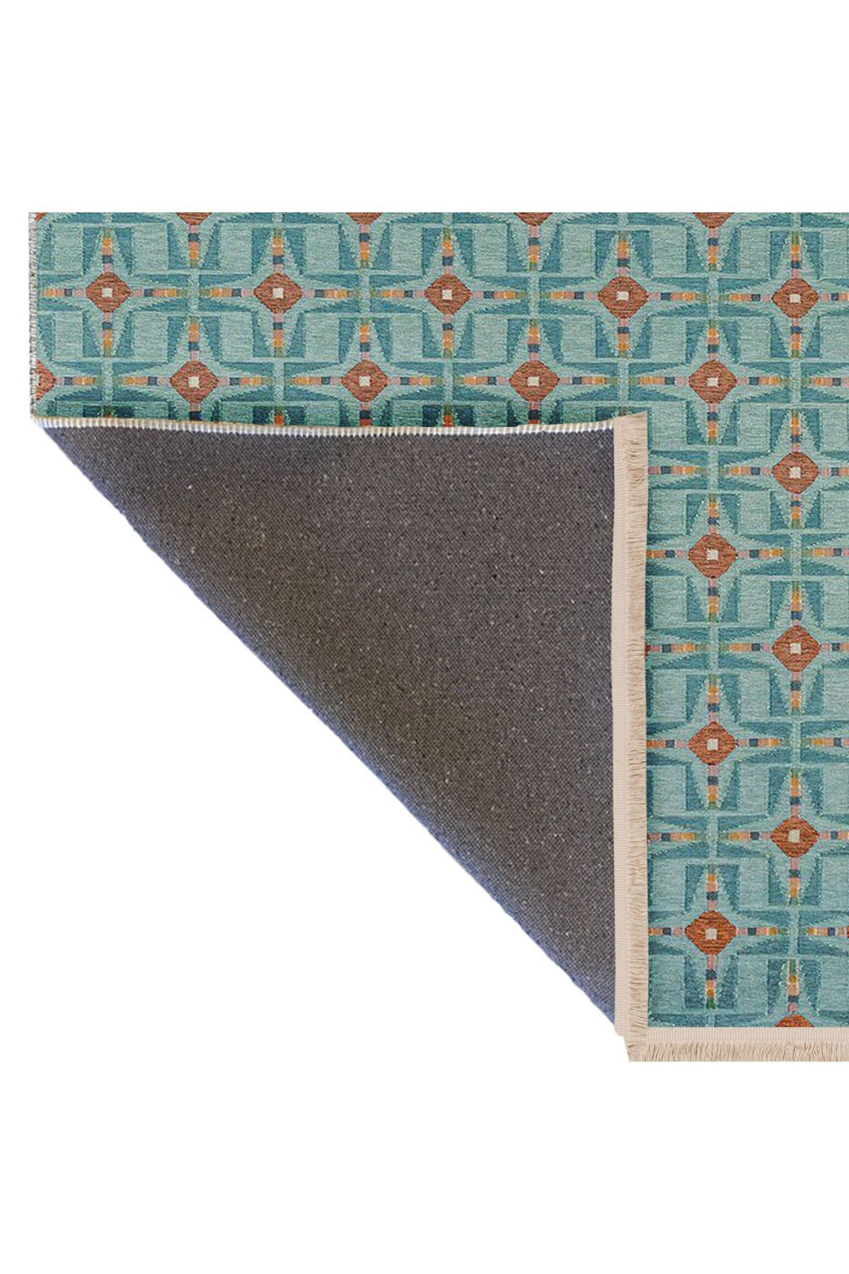 Paris Koleksiyonu Yeşil ve Bej Ton Geometrik Motifler Desenli Vintage Dekoratif Halı 162